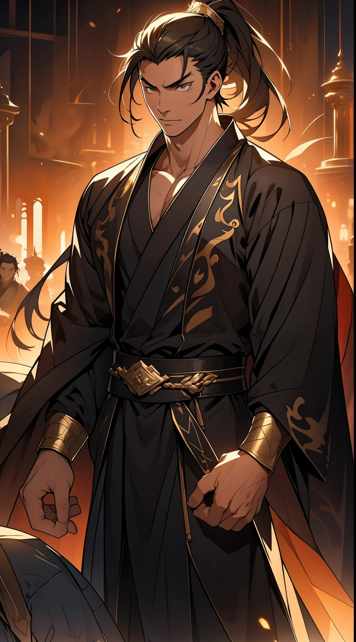 one person(male warrior),proportions are correct,facial details,swordsman,high ponytail hairstyle,neck detail,Have an Adam's apple,Black and gold robe,joke,Black and gold robe,clothing details,Hand over,long sleeves,Game quality,fencing,Ray tracing,Ray tracing,Detailed glow,CG rendering,hair details,Long black and blond hair,Black-gold eyes,Handsome,Handsome,(Youthful feeling),Costumes are complicated,Perfect composition,refine,high quality,higher details,many details,Complex background,a sense of atmosphere,