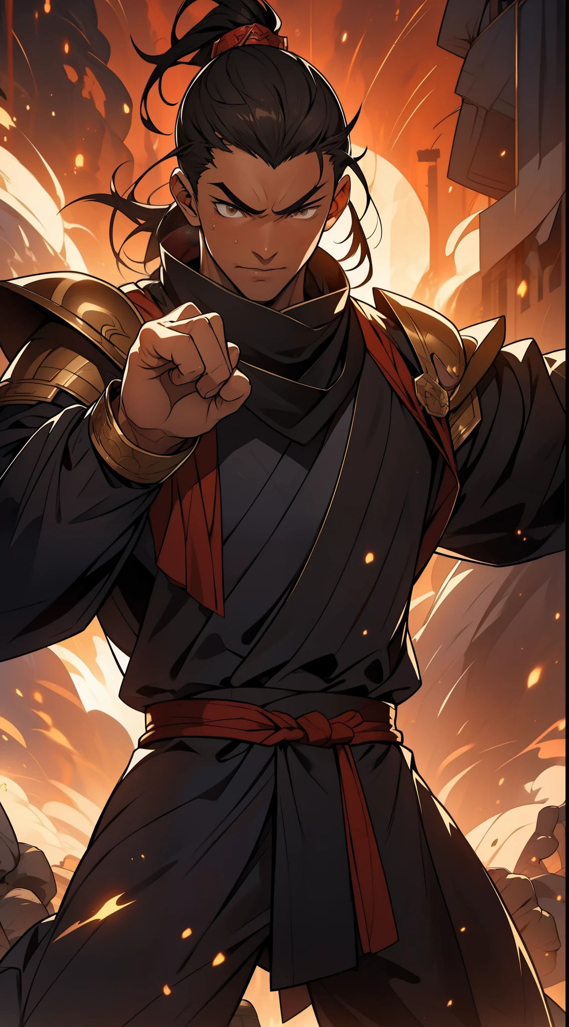 A cartoon image of a man in a black outfit with a red belt - SeaArt AI
