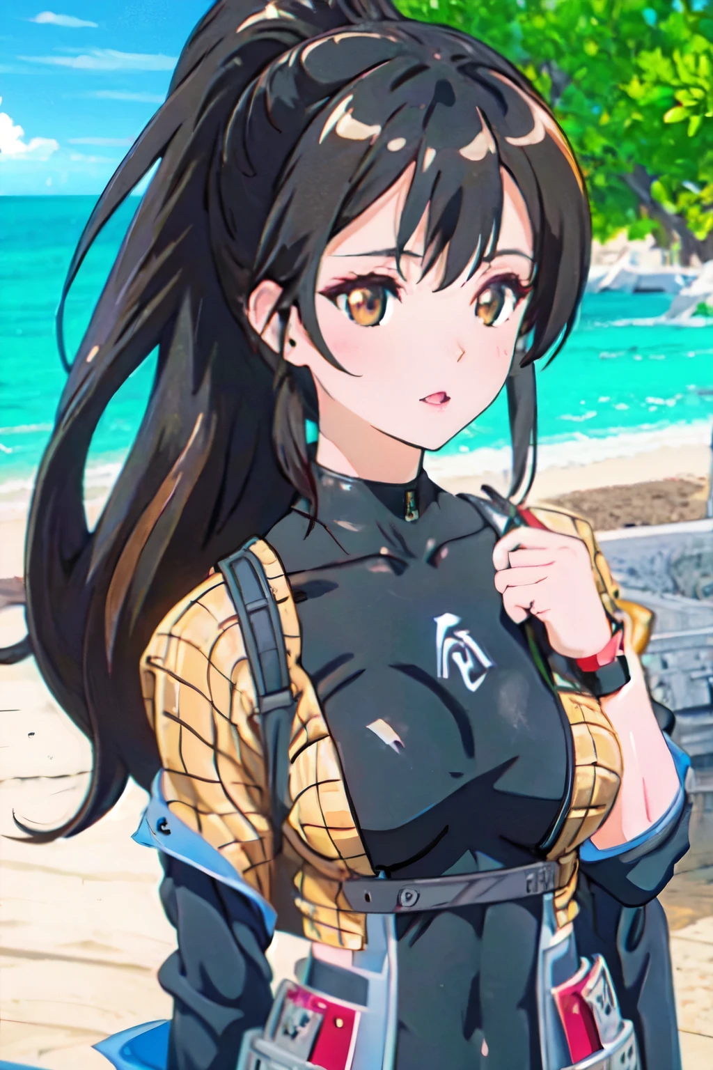 1girl,black hair,brown eyes,bush,fishnet bodysuit,ponytail,solo,, masterpiece, best quality,