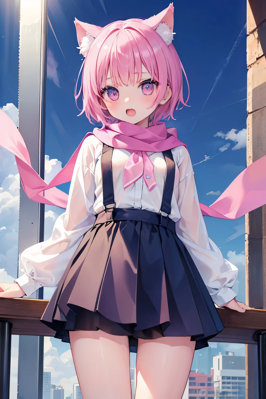 NSFW,Very beautiful and shining eyes、shining eyes、1 girl、small breasts、big mouth、high school girl、small breasts、Cat ear、Transparent pink short hair、scarf、hot pants、transparent clothes、childish clothes、7 girl