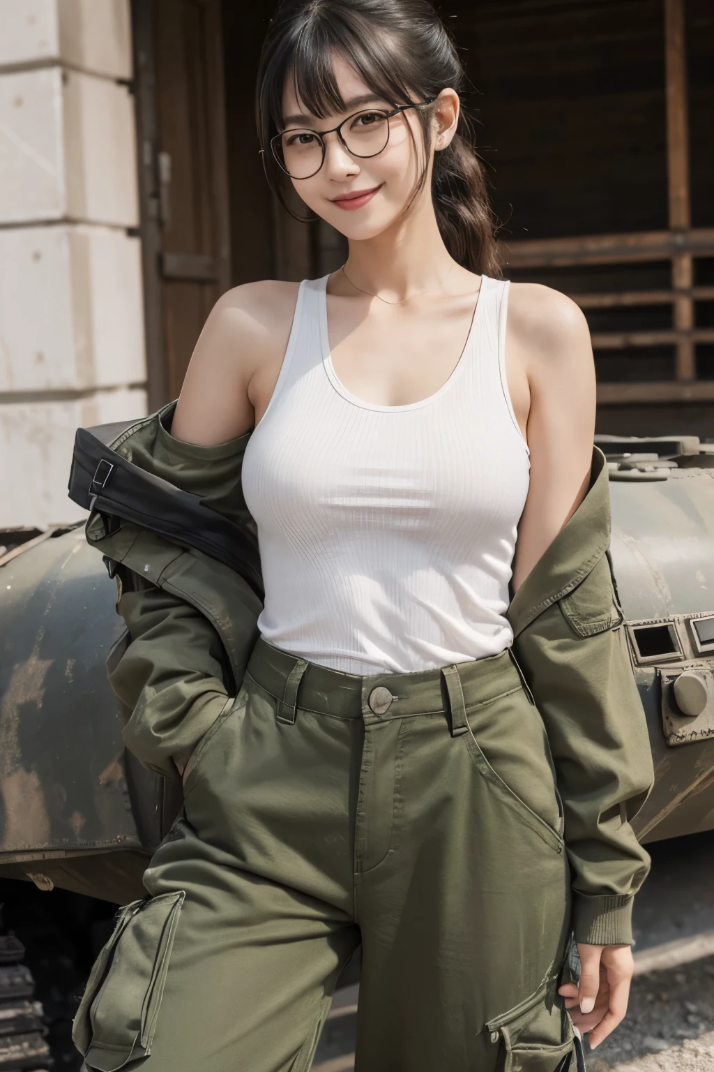 ((wide angle image)), beautiful female veteran, black hair in a ponytail, bangs, wearing large glasses, covering a wound, injured, smiling confidently, (((wearing a white military tank top, layered with a ww2 Oversized military shirt , wearing ww2 military pants Oversized, Off shoulders, Distressed, worn-out))), on the ww2 battlefield