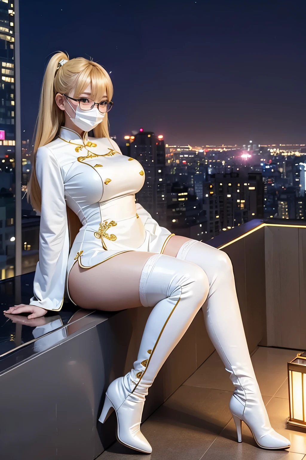 Taiwanese idol girls blonde with bangs ((Glasses)) big breasts (白いface mask) The rooftop of a building with a beautiful night view luxury white and gold cheongsam white patent knee-high boots Plump face mask