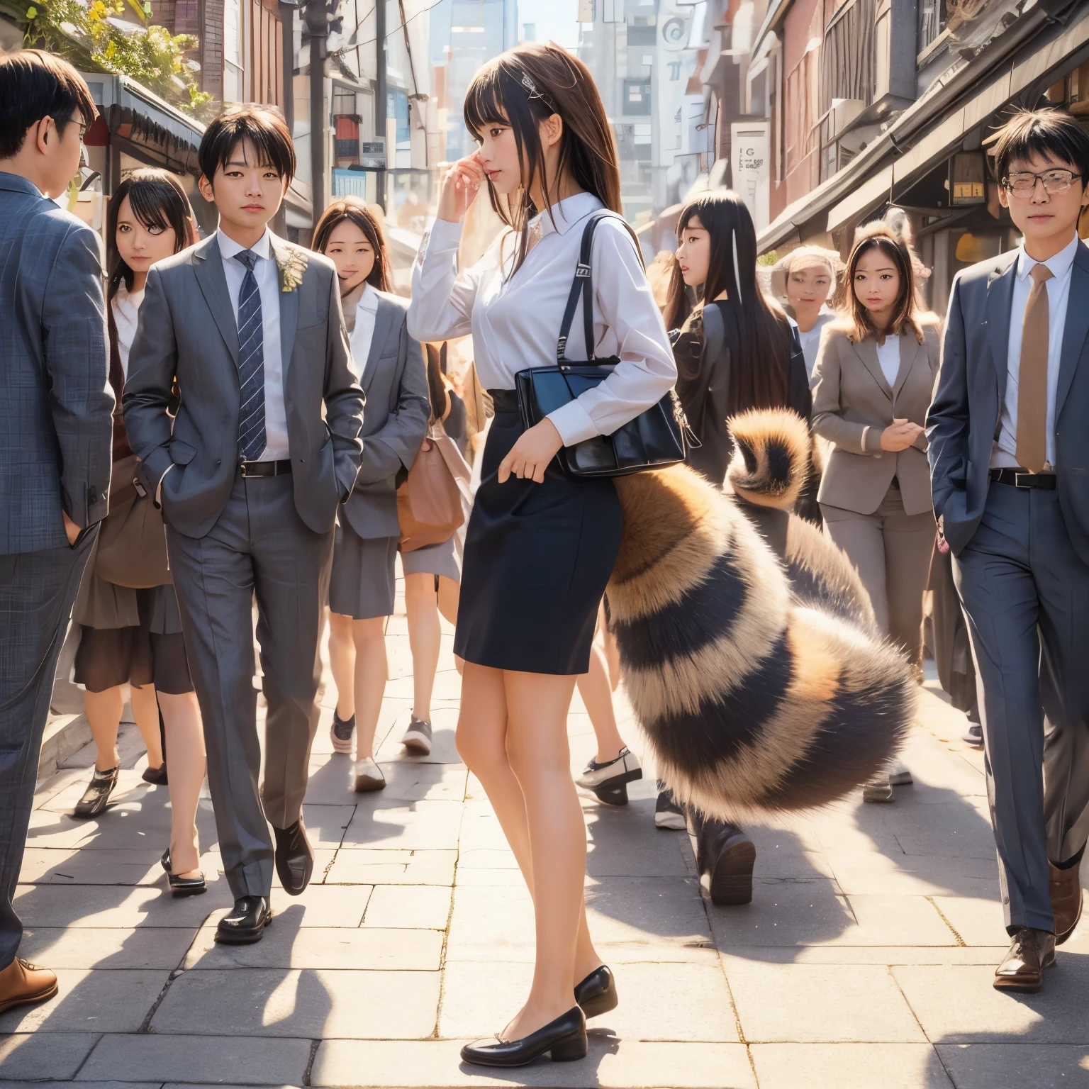 ビジネススーツを着た道を歩くraccoon tailが生えた女の子, realistic , raccoon tail, real style, furry tail, Tanuki tail, fur with tail, walk to work, hairy tail, Cute raccoon visual, software version, very very beautiful fur art, 狸girl, eight-headed body, photograph, highest quality