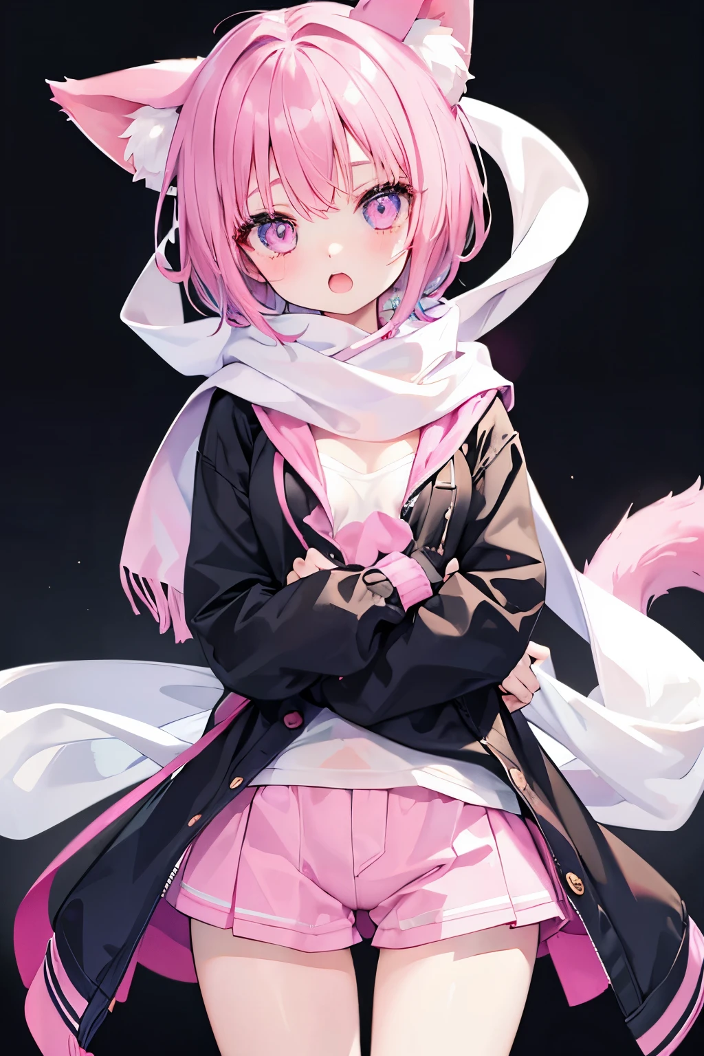 NSFW,Very beautiful and shining eyes、shining eyes、1 girl、small breasts、big mouth、high school girl、small breasts、Cat ear、Transparent pink short hair、scarf、hot pants、transparent clothes、childish clothes、7 year old girl