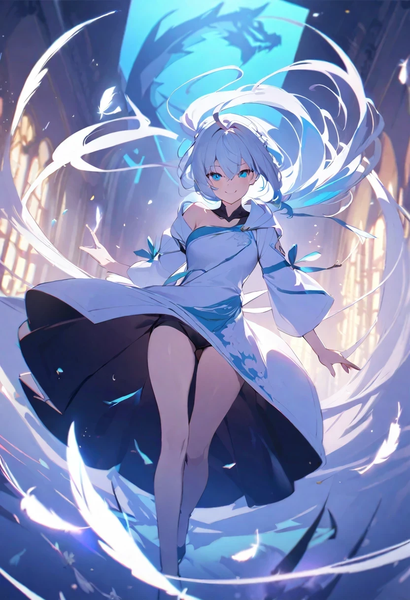 Shirakami Fubuki/(Holographic live broadcast/),masterpiece,Very detailed,best quality,illustration,girl,alone,whole body,Floating hair,too many sparks,Many extremely tangled feathers,backlight,Smile,(light cyan dragon),(dragon girl),light cyan,(cowboy_shooting)