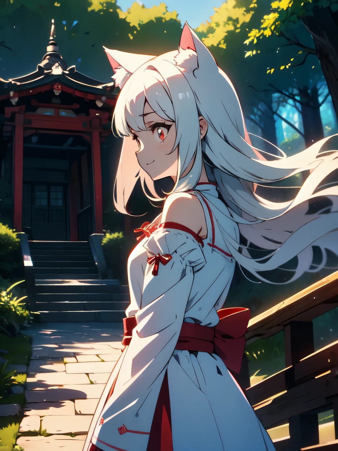 (masterpiece, highest quality,High resolution、detailed beautiful face) ,(Shining eyes、smile),(profile),(1 girl、short and 、small shoulder width),(white cat ears) ,(long white hair),(red cheongsam),(dark red eyes),(whole body), perfect eyes, perfect face,, cowboy shot,beautiful anime、Deep in the secluded forest、Shrine precincts、beautiful nature background