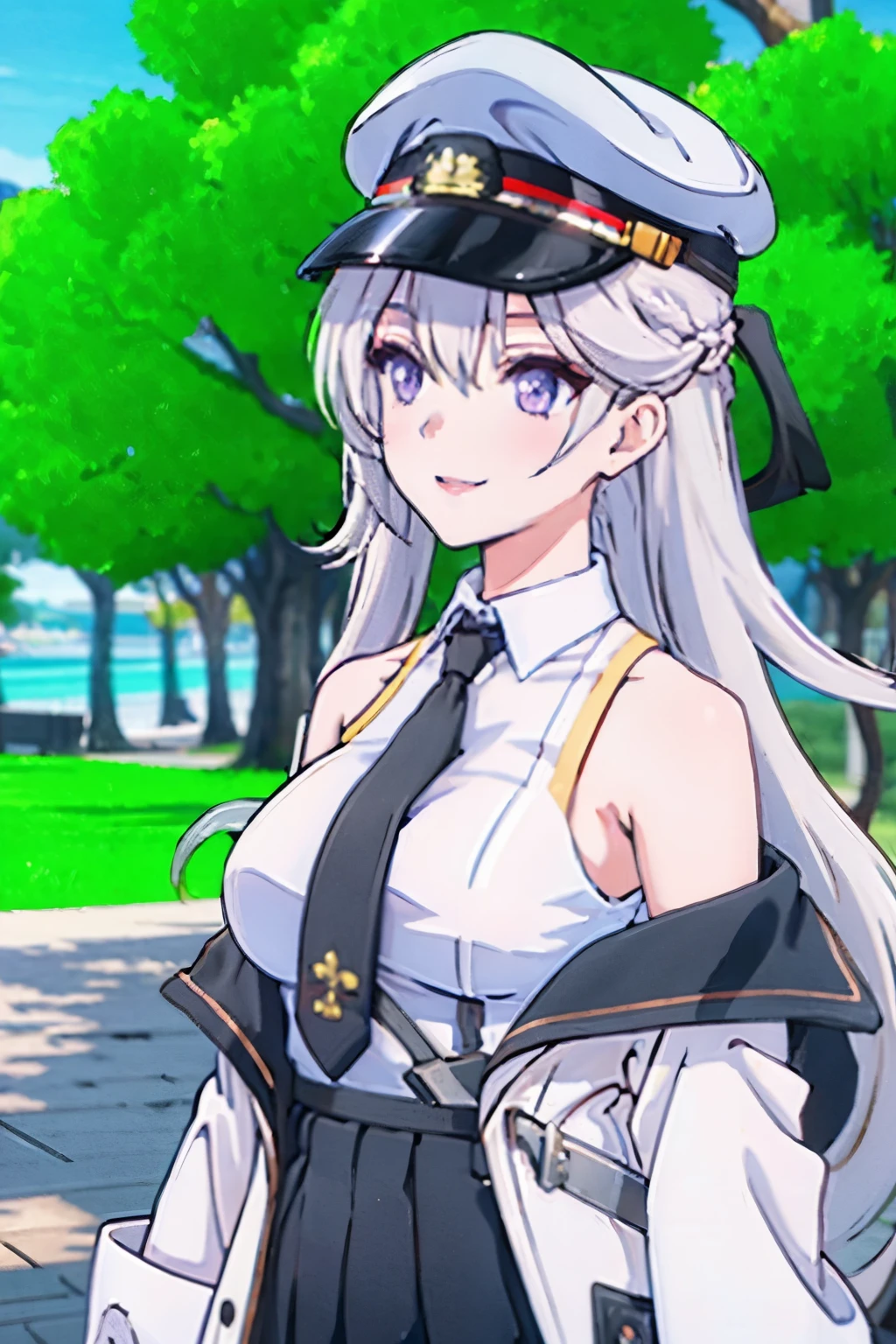 1girl, enterprise (azur lane), hat, necktie, black necktie, shirt, long hair, white hair, solo, sleeveless shirt, purple eyes, skirt, sleeveless, peaked cap, black coat, coat, white shirt, black belt, umbrella, belt, bare shoulders, outdoors, white headwear, collared shirt, very long hair, breasts, blurry, open clothes, off shoulder, tree, smile, open coat, military hat, blurry background, shaded face