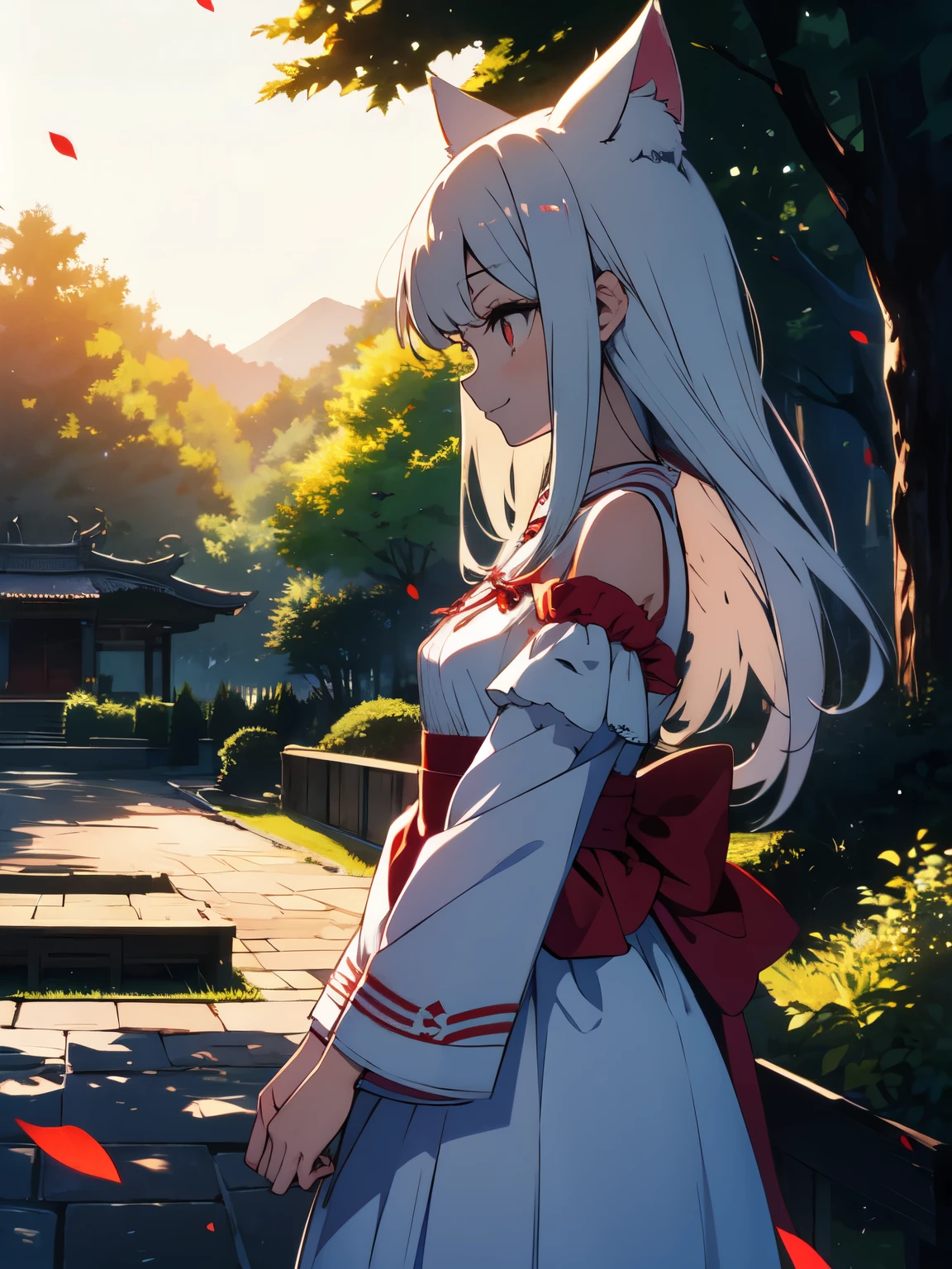 (masterpiece, highest quality,High resolution、detailed beautiful face) ,(Shining eyes、smile),(profile),(1 girl、short and 、small shoulder width),(white cat ears) ,(long white hair),(red cheongsam),(dark red eyes),(whole body), perfect eyes, perfect face,, cowboy shot,beautiful anime、Deep in the secluded forest、Shrine precincts、beautiful nature background