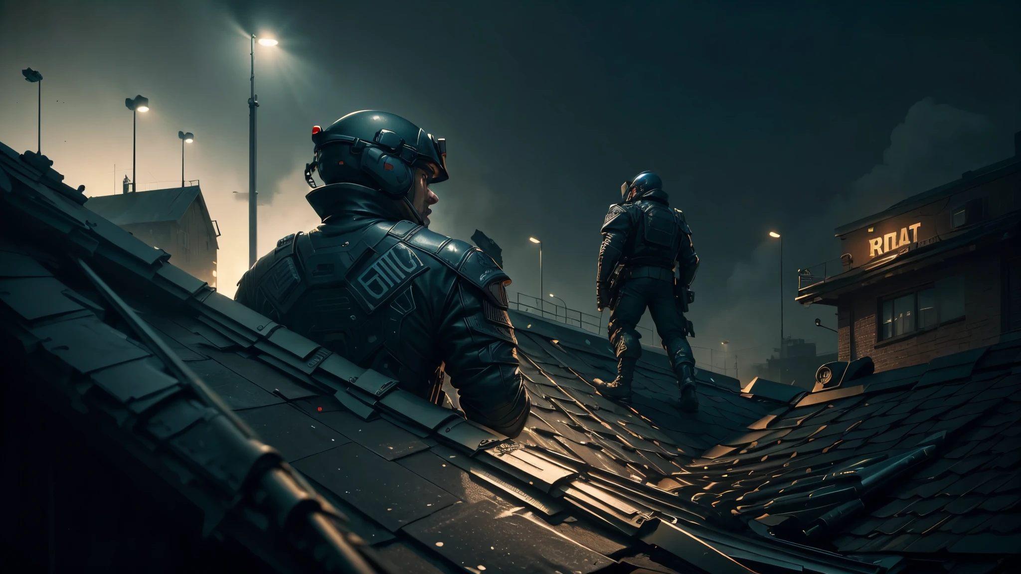 best quality, ultra high resolution,masterpiece, A man wearing a black leather jacket,on the roof,Surrounded by SWAT,There are police cars downstairs