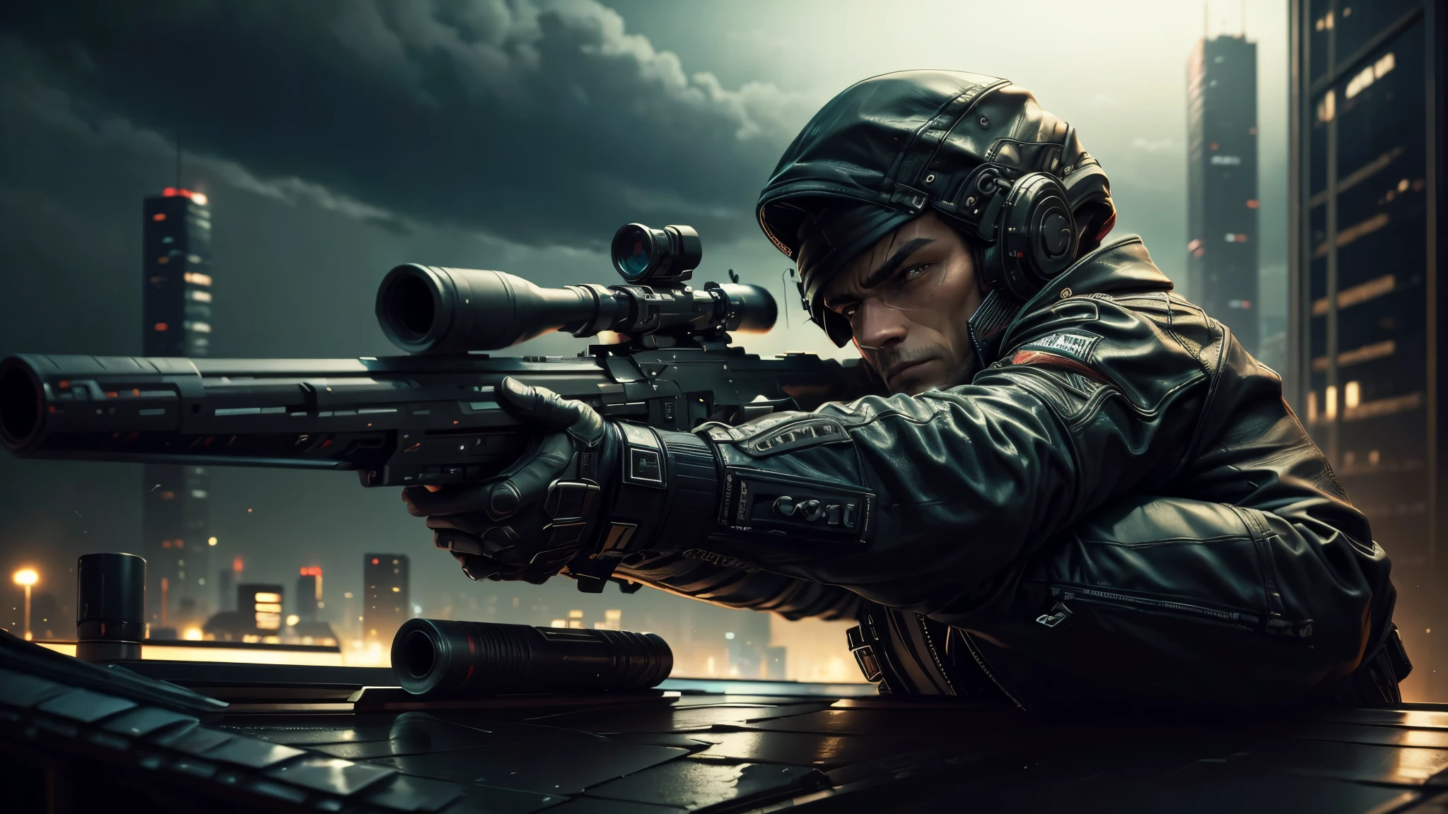 best quality, ultra high resolution，masterpiece, A man wearing a black leather jacket，On the roof of the city，holding a barrett，Aim and shoot