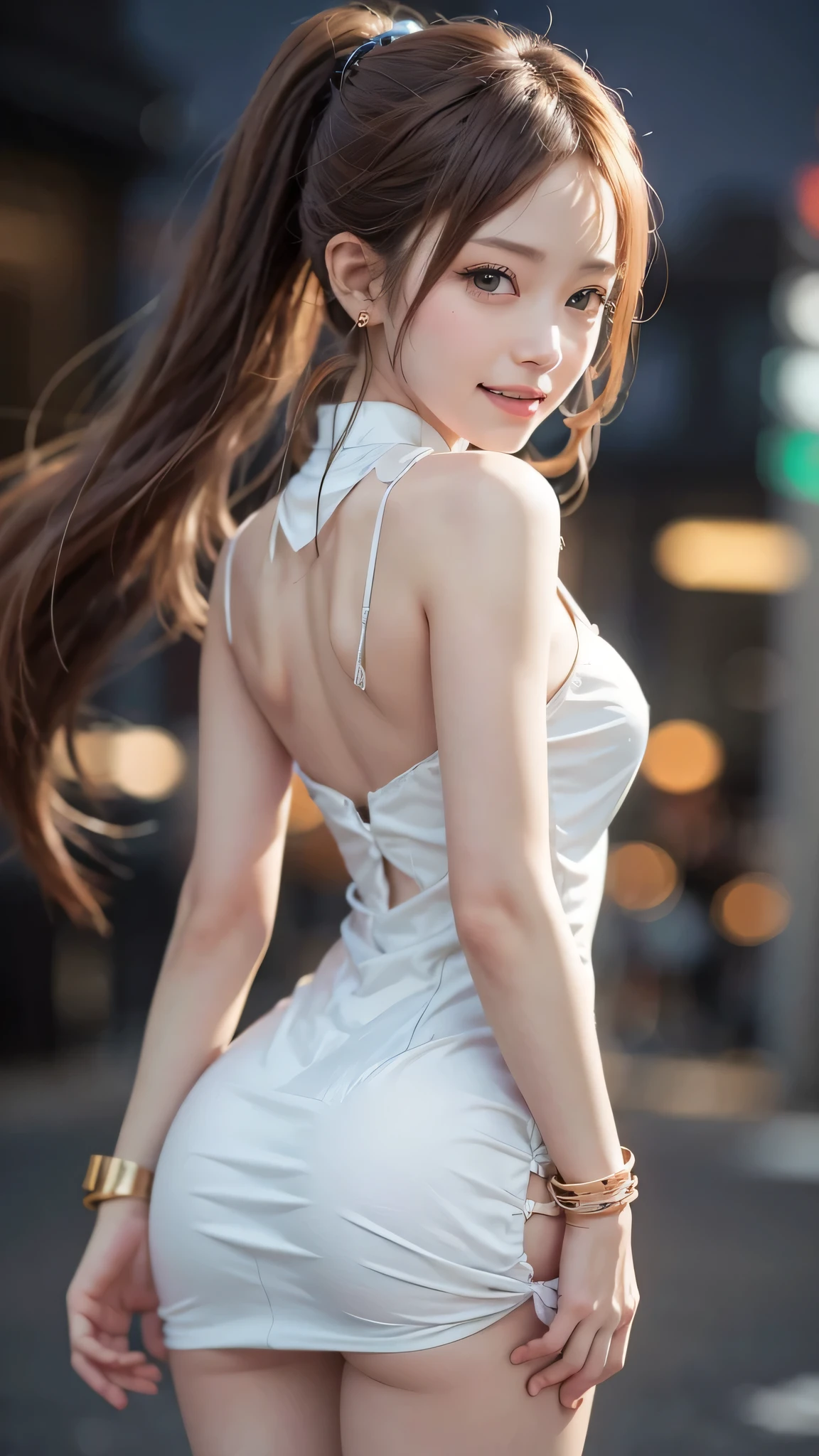 (Close-up:1.4)、(RAW photo:1.2)、(photorealistic:1.4)、(masterpiece:1.3)、(highest quality:1.4)、(Beautiful woman with perfect body:1.4)、solo、7 head and body、Depth of the bounds written、cinematic light、Lens flare、ray trace、(charming big eyes)、(beautiful double eyelids)、(beautiful and detailed face)、(beautiful lips)、intricate detail face、(Super detailed skin)、cute japanese girl、1 girl、(Very slim and slender due to muscular body:1.3)、(a big smile:1.3)、(fashion night)、dark night、(neon light sign)、(background is blurred)、(fashion street night)、beautiful earrings、bangle、Panty stocking、(pale skin)、(silk cheongsam dress:1.3)、(tight dress)、(view viewer)、(big breasts:1.3)、cleavage、Beautiful little ass、very slim、back tracking、(back shot)、(tight dress)、beautiful thighs、rimless eyewear、beautiful ponytail、