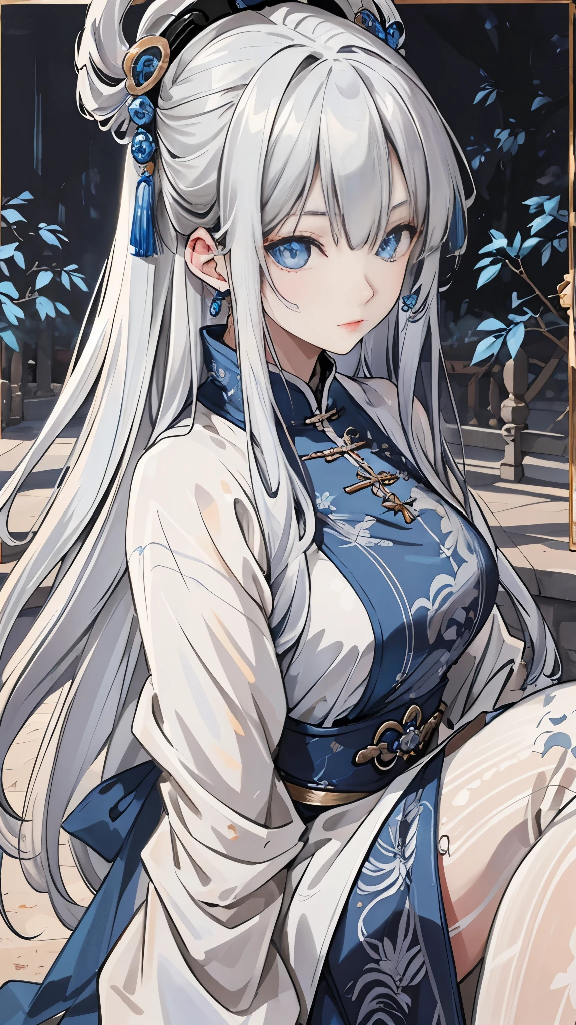 (art: 1.2), (best quality: 1.2) 1 woman, mature teenager, 1.85 cm tall, appeared to be around 40 years old, she had long silvery-white hair, hair with small braids at the ends, straight hair and sparkles attached to a green jade hairpin, piercing blue eyes, extremely detailed eyes, perfect eyes, extremely realistic eyes, well-aligned eyes, long eyelashes, anime style, extremely beautiful face, face that respects the viewer, delicate and mature, full lips, mature, clear skin, natural body, SEXY BODY, milf body, with hands on the sides of the waist, perfect hands, detailed hands, hands well proportioned to the body, realistic hands, arms at the side, arms with good anatomy, she wore a cedar blue dress with long Chinese style skirt decorated in white that still couldn't hide her large and extremely huge breasts that were hanging down due to her size, she was fully covered on her legs by the dress, thick thighs were fully covered , wide hips, looking at the viewer with a sexy facial expression is luxuriant, background scene, in an oriental-style Chinese pavilion, posing alone, looking at the viewer, standing