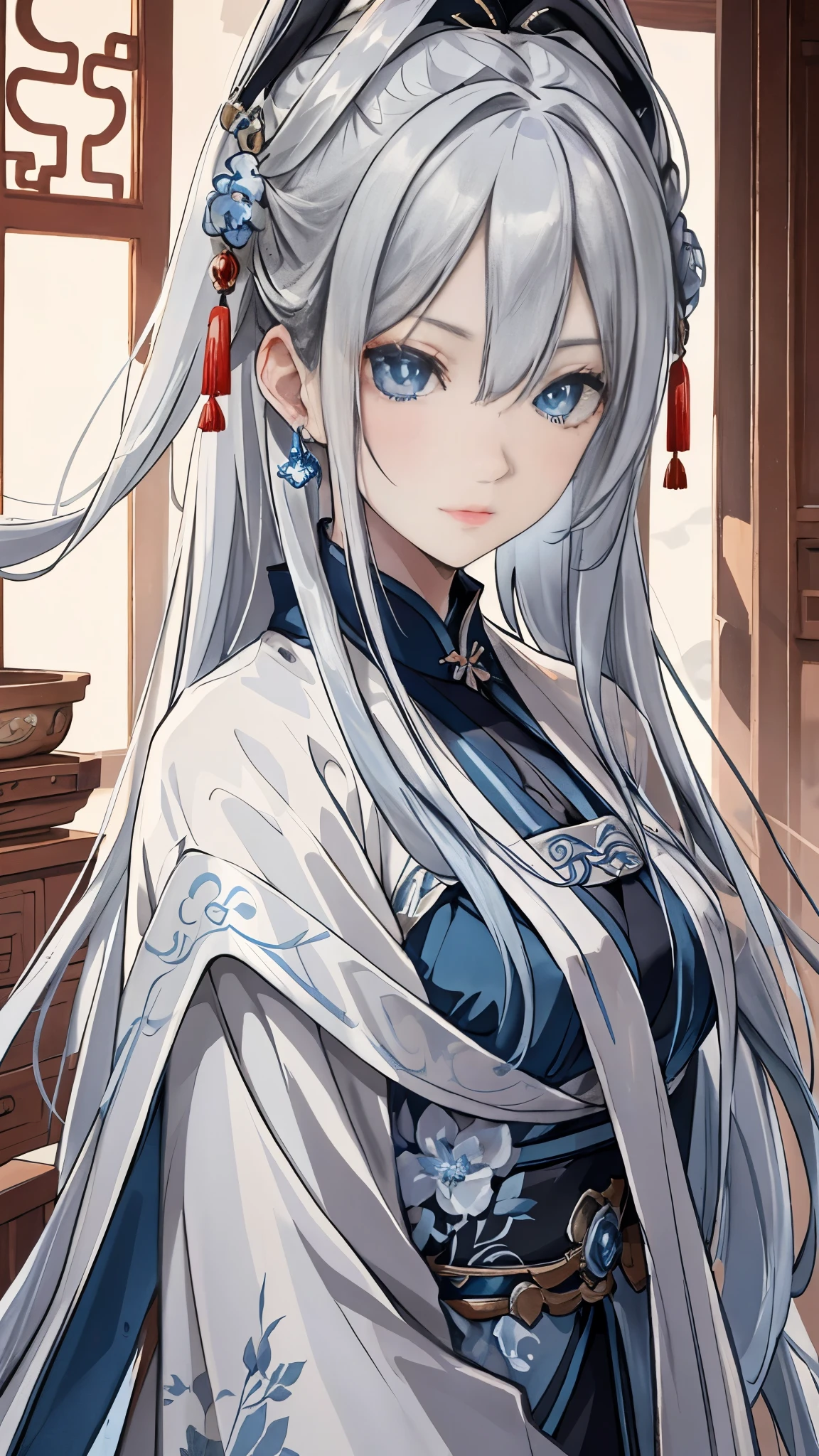 silver hair，blue eyes，China，antiquity，woman