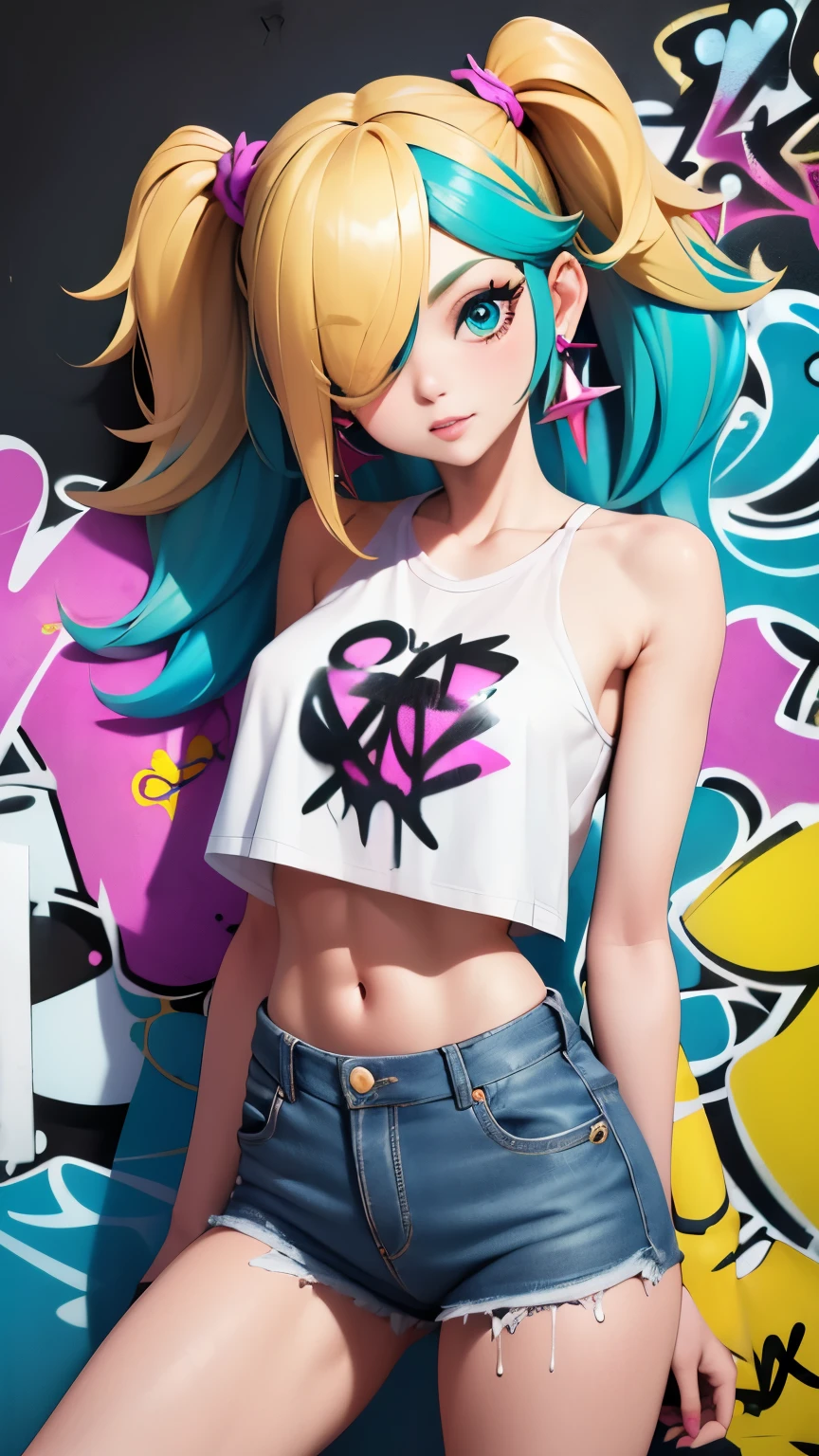obra-prima, melhor qualidade, 1girl, solo, crop top, shorts jeans, gargantilha, (graffiti: 1.5), respingo de tinta, arms behind back, contra a parede, olhando para o espectador, clamp, thigh strap, pintura no corpo, head tilt, entediado, cabelo multicolorido, aqua eyes, fone de ouvido, nsfw