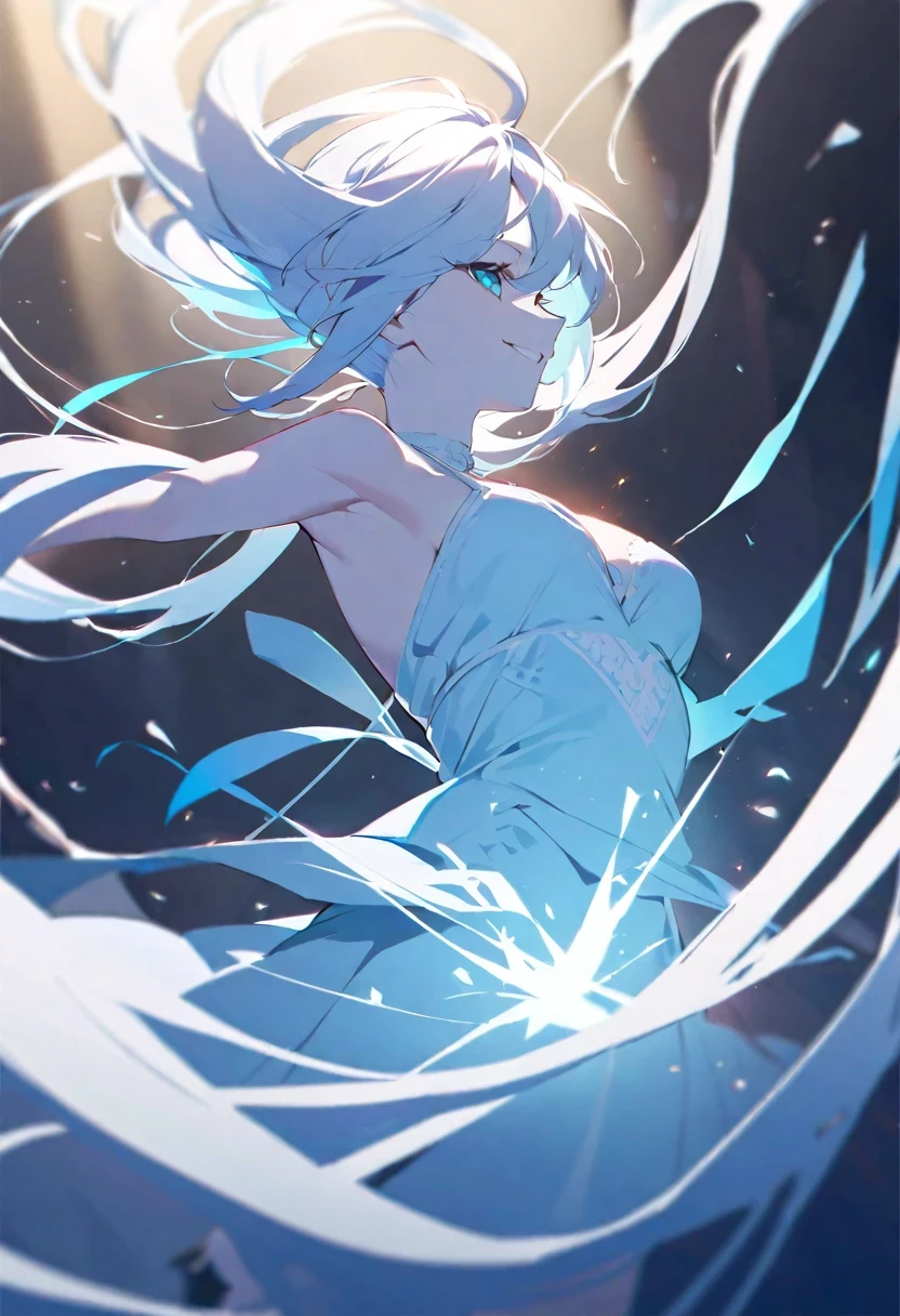 Shirakami Fubuki/(Holographic live broadcast/),masterpiece,Very detailed,best quality,illustration,girl,alone,whole body,Floating hair,too many sparks,Many extremely tangled feathers,backlight,Smile,(light cyan dragon),(dragon girl),light cyan,(cowboy_shooting)