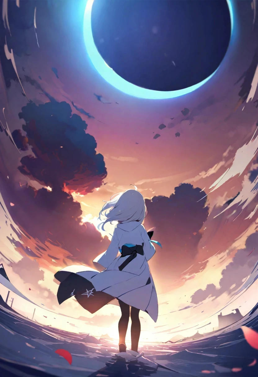 Shirakami Fubuki/(Holographic live broadcast/),whole body, hell, gray short hair, Flower of the other shore, dark taste, Japanese style, world collapse, White River, soul, falling petals, Beautiful scenery, Cyan sky, Total solar eclipse--s 500--niji 5