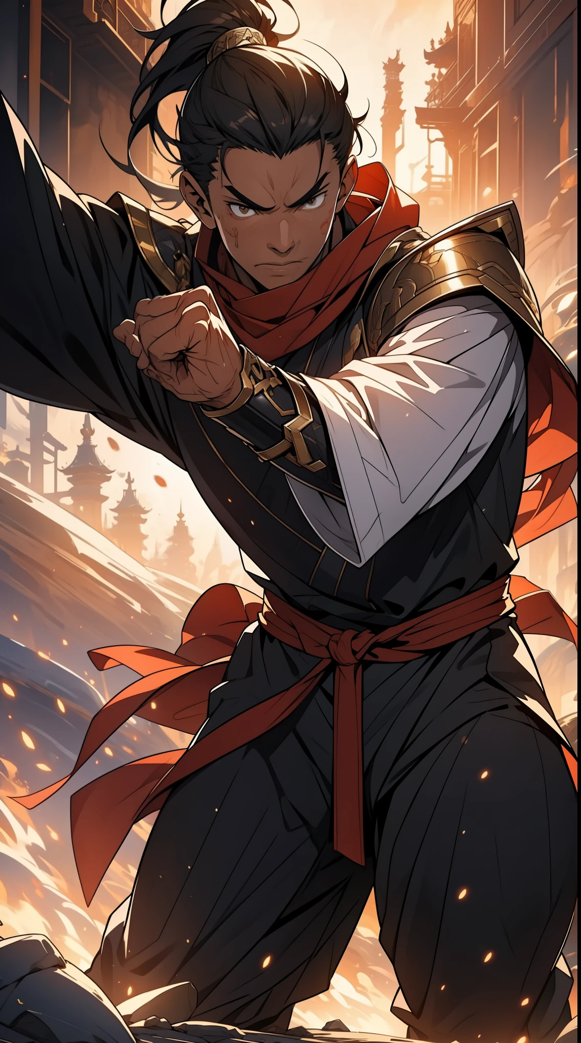 one person(male warrior),proportions are correct,facial details,swordsman,high ponytail hairstyle,neck detail,Have an Adam's apple,black金袍,joke,black金色长袍,clothing details,Hand over,long sleeves,Game quality,fencing,Ray tracing,Ray tracing,Detailed glow,CG rendering,hair details,black金色long hair,black金色的眼睛,Handsome,Handsome,(Youthful feeling),Costumes are complicated,Perfect composition,refine,high quality,更High细节,many details,Complex background,a sense of atmosphere,dynasty warriors, black、red armor, long hair, black发, 1 person, (((male焦点))), battlefield, red sky, Action pose, (((dynamic perspective))), Handsome, brown eyes, High, Serious, angry, sharp focus, 8k, (((Detailed face))), fantasy armor, scarf, red scarf, pixiv, art station, best quality, Chinese, Handsome, delicate eyes, Dynamic lighting, Best Illustration, male, fantasy, fire, Outdoor activities, noon, strong face, muscular, sporty, martial arts, warrior, (((Action pose:1.3))), damage, Blood, dramatic, scream, abnormal art, masterpiece, good anatomy, Good player,