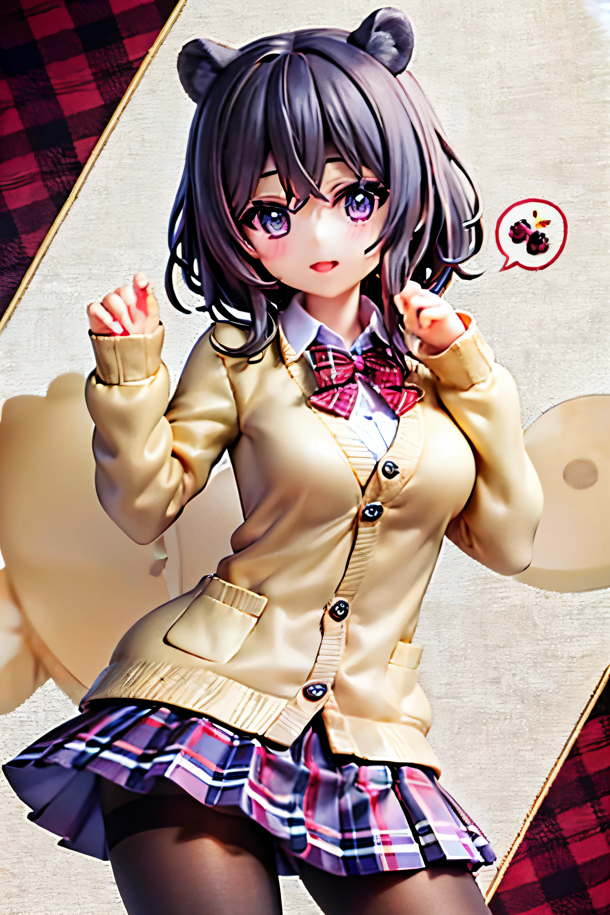 ((worst quality, low quality)), debris flies,highest quality,Super detailed,masterpiece, ((no background)), ((whole body)), ((Kemono-eared girl with Asiatic black bear ears:1.2)), alone, ((black hair berry berry short:1.3)), plump and glossy lips, (beautiful purple eyes:1.3), spoken heart, (best smile), spoken heart, (cute pose:1.2), (perfect hands:1.4), (school uniform:1.2), (body fit beige cardigan:1.4), ((long sleeve, sleeves past the wrist):1.2), (white collared shirt underneath:1.3), ((raise button, Not loose):1.5),(red plaid pleated skirt:1.3), ((dark brown pantyhose):1.2), highest quality, masterpiece,32K,