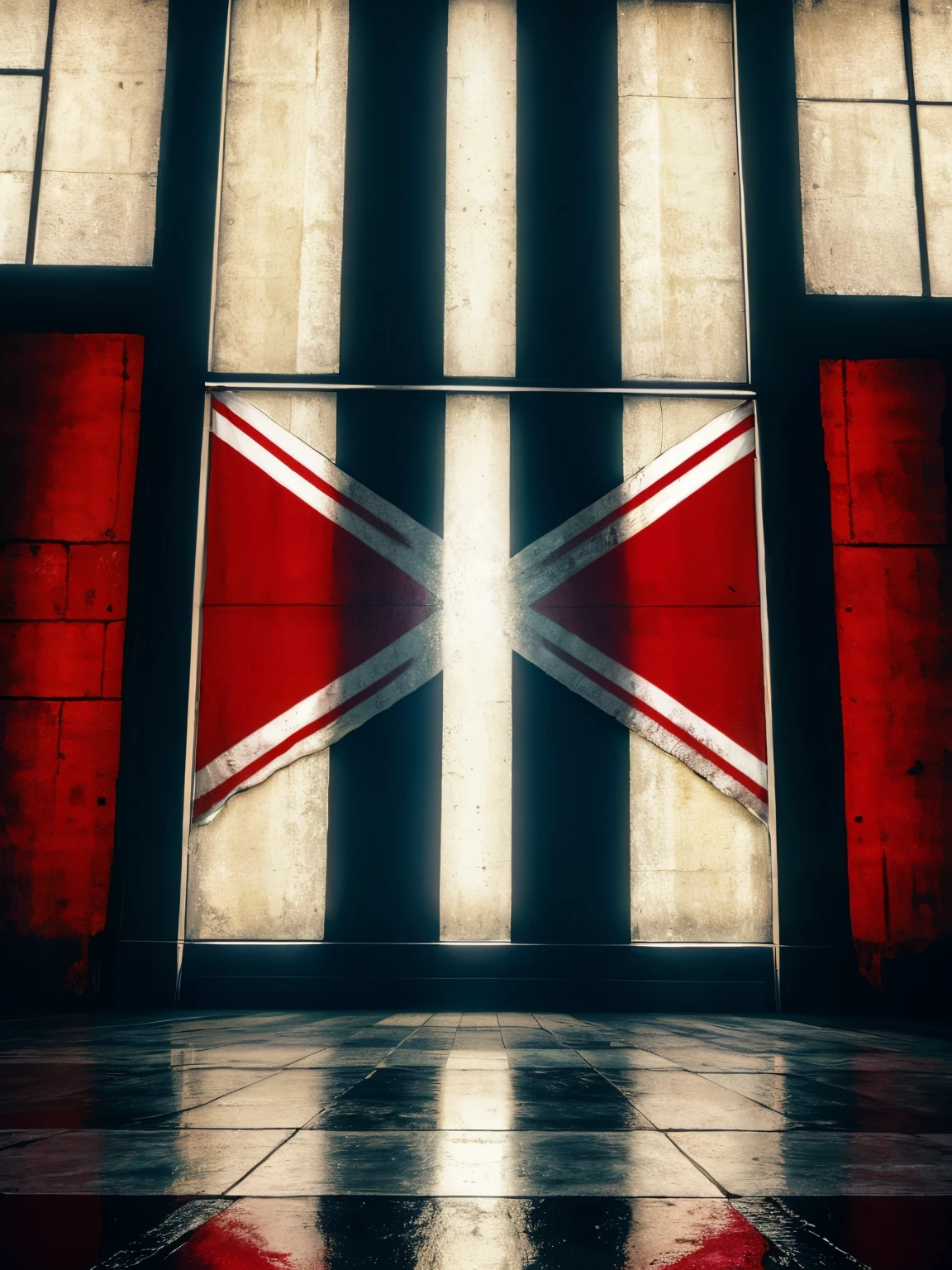 a large british flag is fixed on the wall. vertical backlit dramatic image