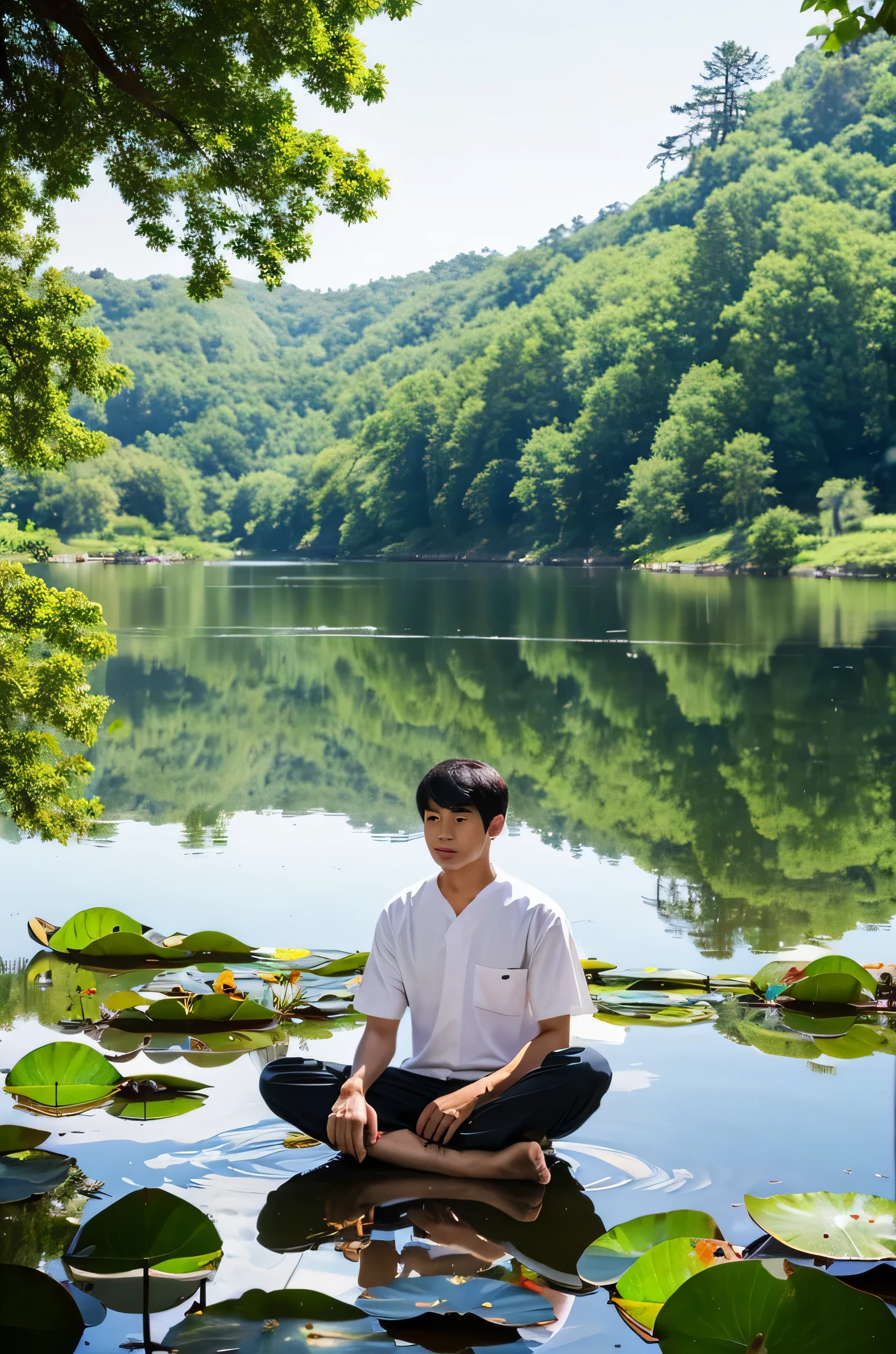 there is a man who is sitting on a big lotus middle of the lake with beautiful background of nature containing trees, the sky is calm and the man is attractive, peaceful and charming with japanese costume, doing yoga . 