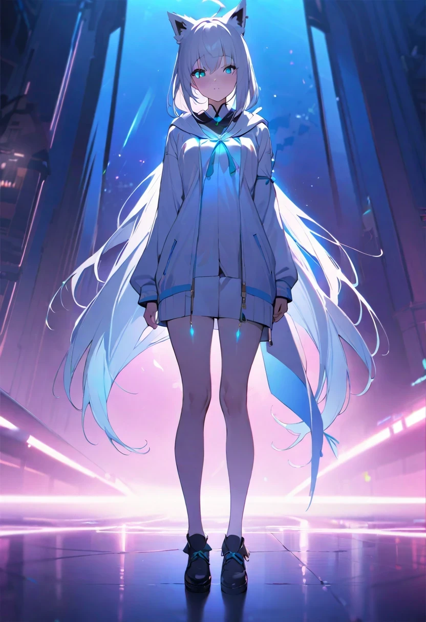 Shirakami Fubuki/(Holographic live broadcast/),(masterpiece, best quality: 1.3), (16k, high resolution: 1.3), beautiful girl, clear skin, movie lighting, bioluminescence, whole body, stare at the viewer, eyes solemn,Full of perseverance,