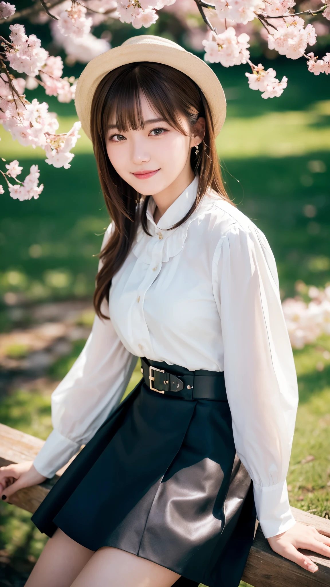 (highest quality,masterpiece:1.3,ultra high resolution),(Super detailed,caustics,8k),(photorealistic:1.4,RAW shooting),1 girl,Are standing,(smile),stare at the camera,20-year-old,cute,Japanese,natural brown middle hair,(white blouse),lime green flared skirt,glamorous,(big ),darkness,night sky,Illuminated night cherry blossoms,professional writing,(cowboy shot),(Tilt composition:1.1),(low position:1.1),(Low - Angle:1.1)