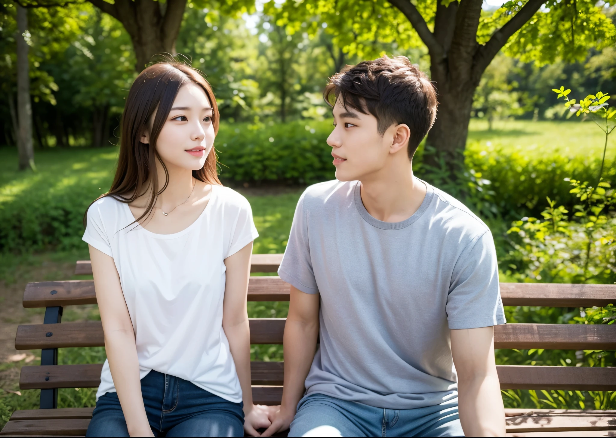 A woman and a man relaxing on a bench in a forest park、casual clothes、talking happily、young men and women、sunlight and sunlight filtering through the trees、perfect lighting、sharp focus、High definition、high resolution、High color rendering、High resolution、Super realistic、photo realistic 