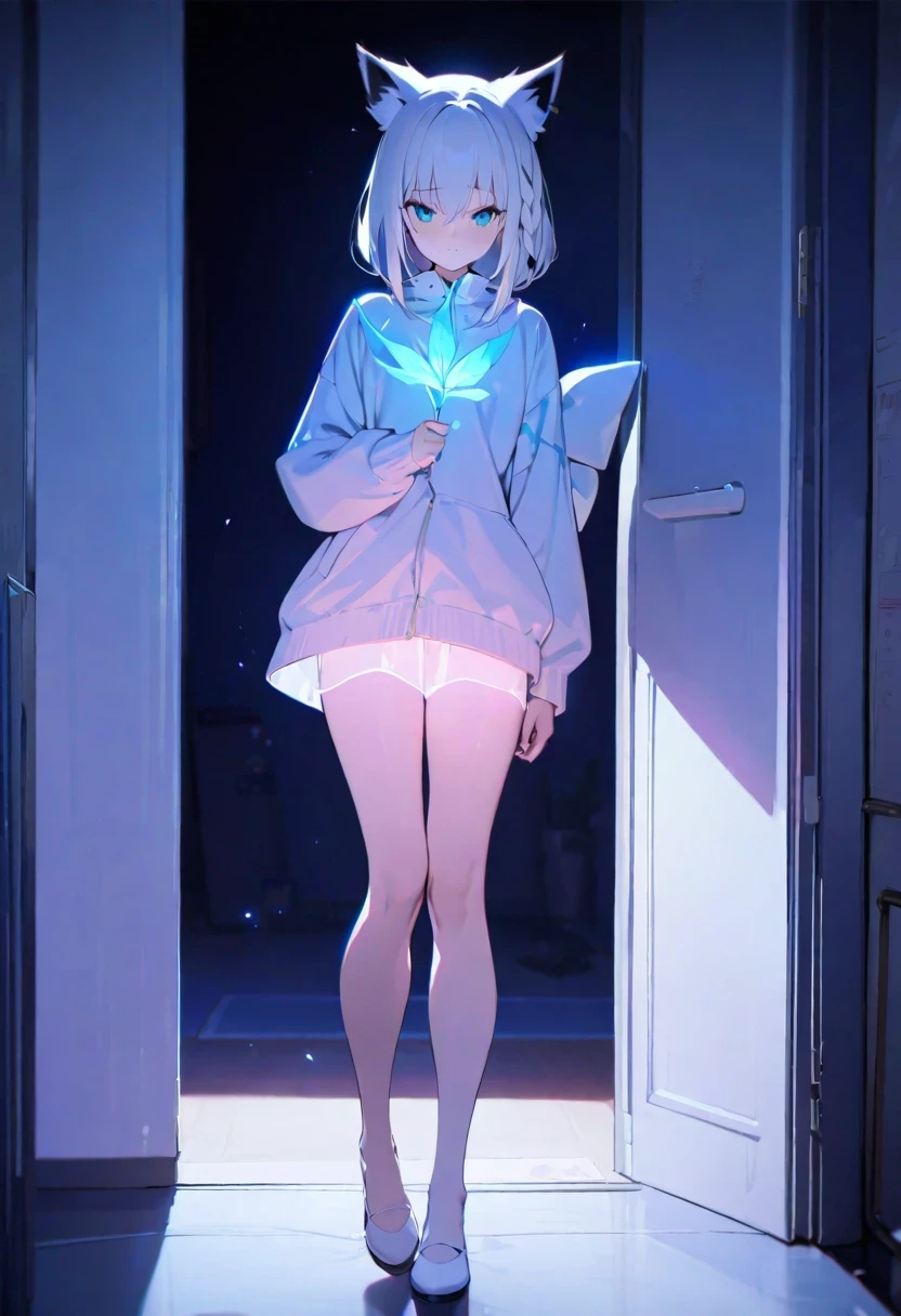 Shirakami Fubuki/(Holographic live broadcast/),(masterpiece, best quality: 1.3), (16k, high resolution: 1.3), beautiful girl, clear skin, movie lighting, bioluminescence, whole body, stare at the viewer, eyes solemn,Full of perseverance,
