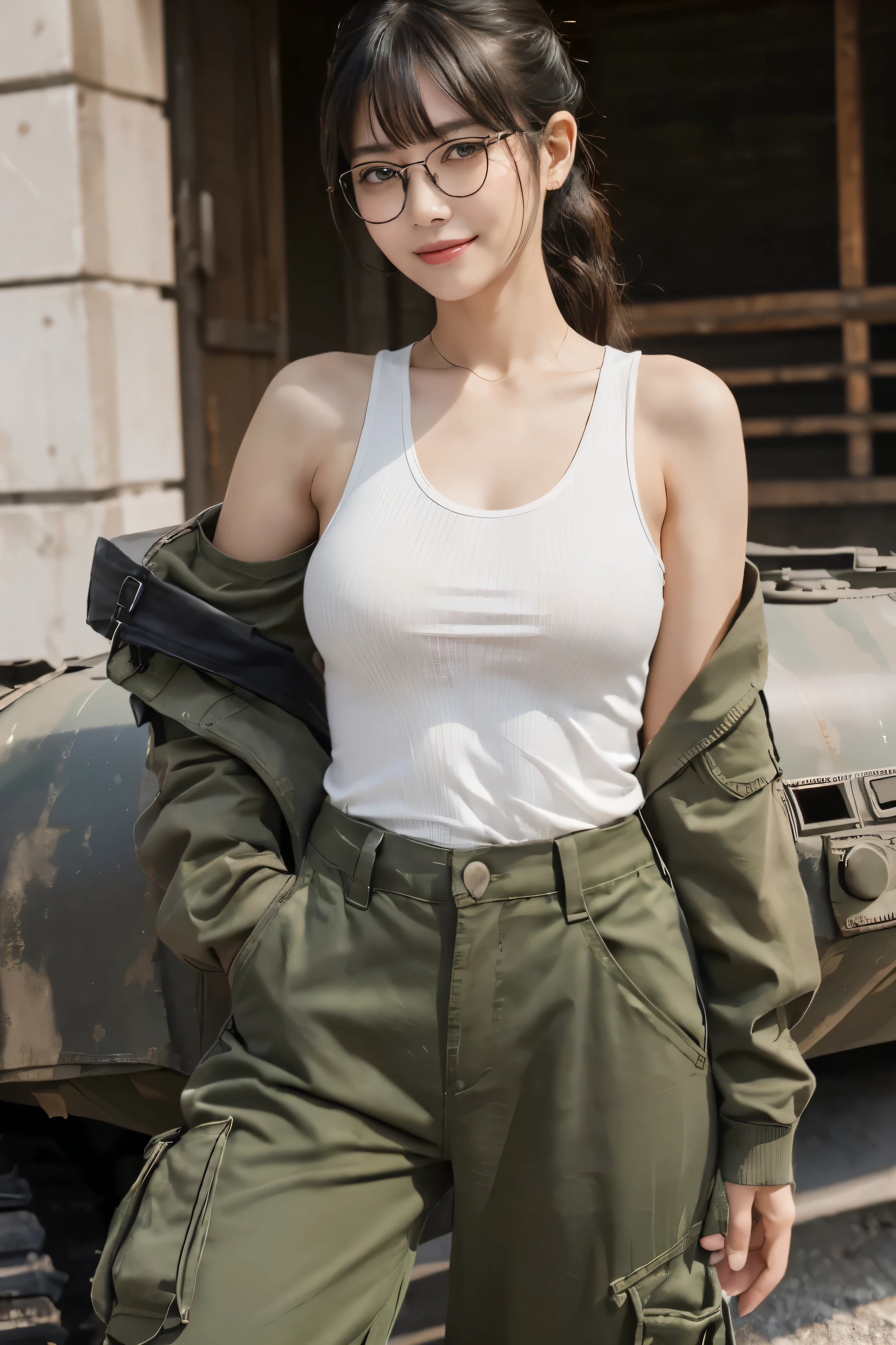 ((wide angle)), beautiful female veteran, black hair in a ponytail, smooth, wearing large glasses, cover up wounds, Injuries, Smile confidently., (((wearing a white military vest, Pair it with an oversized ww2 military shirt. , Wear oversized ww2 military pants., off shoulder, suffering, dilapidated))), on the ww2 battlefield