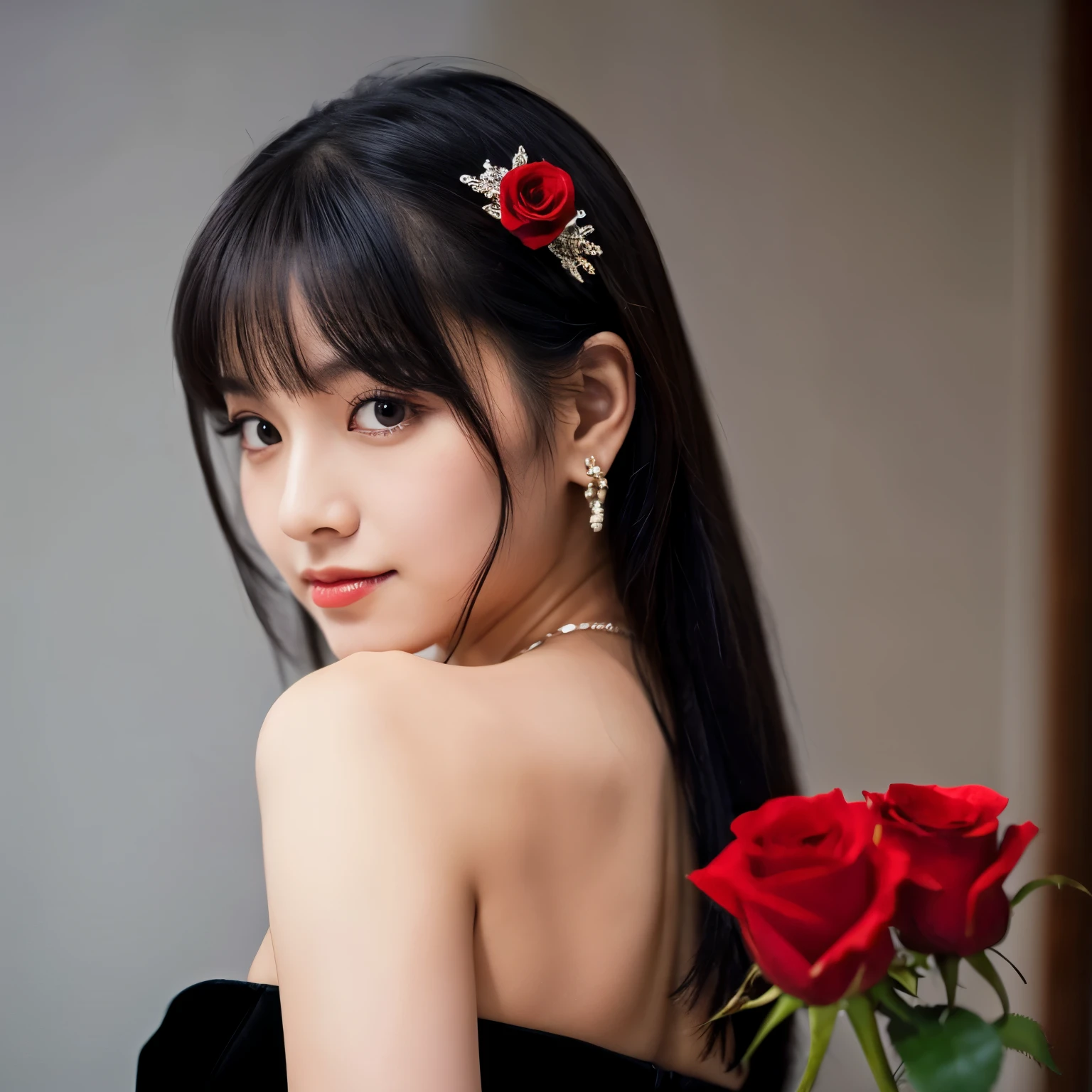 (highest quality, masterpiece), (1 girl, alone, black dress, Are standing , looking at the viewer, gray hair, red eyes, holding a rose, closed mouth, Upper body), (red dream catcher in the back, Red flower, )