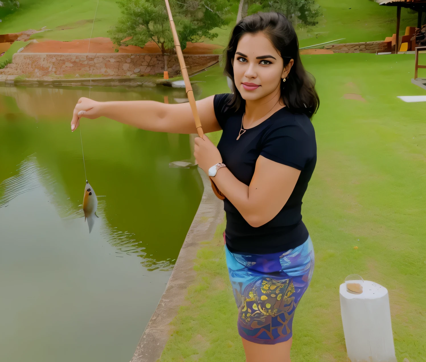 woman holding a fish on the hook in front of a lake, fishing rod, in a pond full body with dynamic pose, dynamic energetic pose. Detailed and intricate environment, intricate painting, HD, captivating, extraordinary, phenomenal, remarkable, aesthetic, artistic, charming, sophisticated, beautiful, ((masterpiece)), (((best quality))), ((ultra detail) ), UHD, 8K, (((high definition))), ((illustration)), ((extremely realistic)) , (reflections), sharp focus, front lighting, ((beautiful and extremely detailed eyes)), (extremely delicate and beautiful woman), ((brown eyes)), wavy hair, ((extremely detailed eyeedium chest, radiant skin, luminous, glowing, glowing skin, cinematic lighting mask, depth of field, dynamic angle, gaze for the viewer, (difficulty 1.4), ((macro, photograph, detail, face, eyes, nose, lips, eyebrows)), ((extremely detailed and real