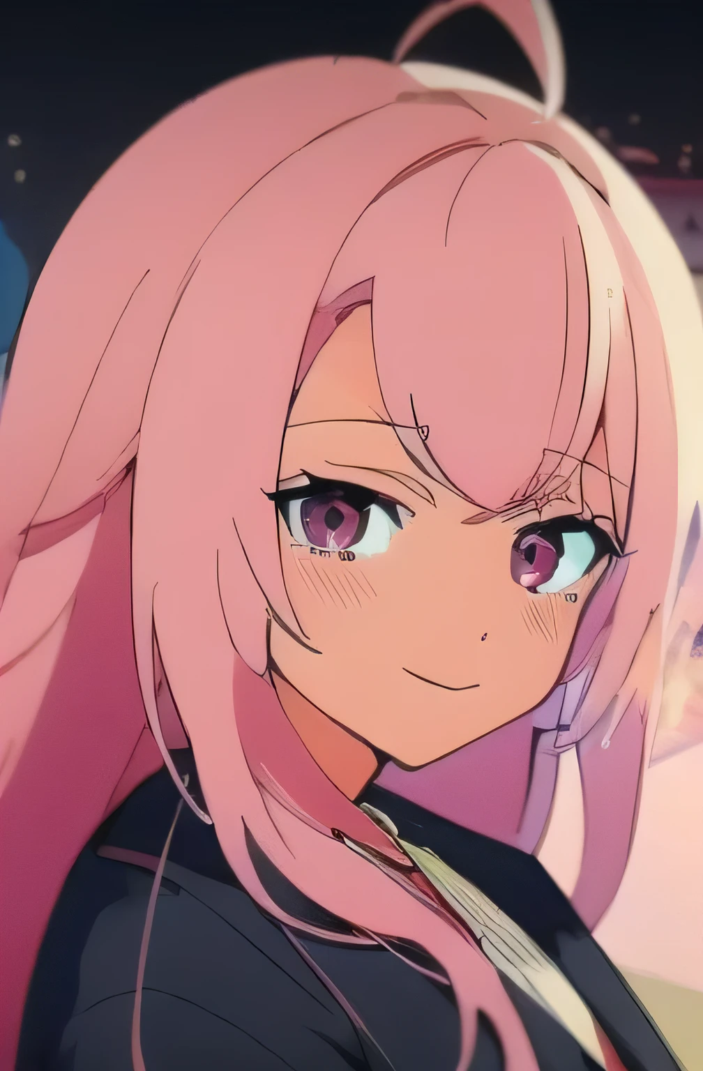 smile,pink hair,Ahoge,Anime girl with long pink hair and black kimono, beautiful anime portrait, long hair anime girl, haruno sakura, young anime girl, beautiful anime style, anime style 4k, High quality anime art style, anime style portrait, anime wallpaper, anime portrait, official artwork, cute girl anime visual, shikamimi, Anime waifu