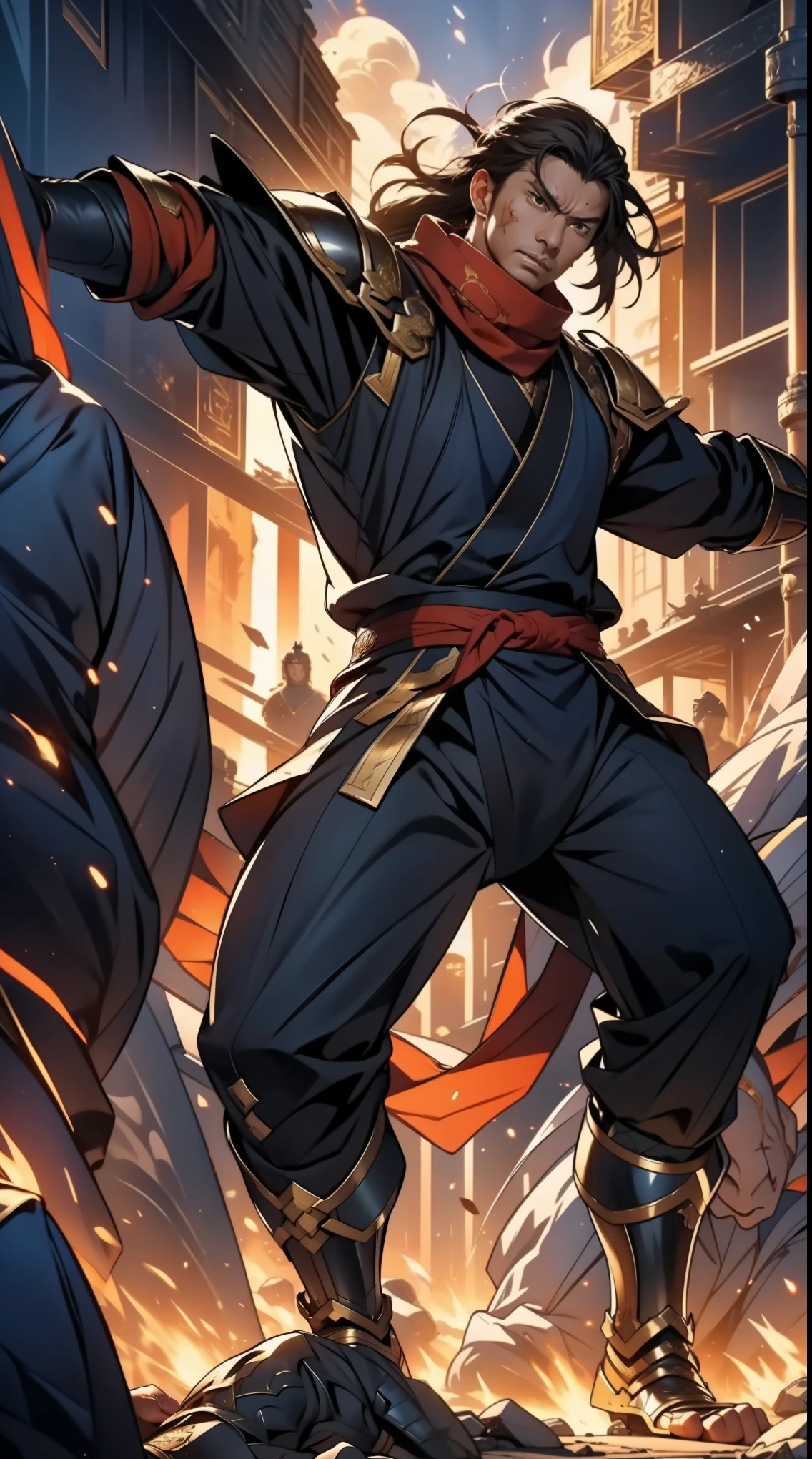 dynasty warriors, black、red armor, long hair, black发, 1 person, (((male焦点))), battlefield, red sky, Action pose, (((dynamic perspective))), Handsome, brown eyes, High, Serious, angry, sharp focus, 8k, (((Detailed face))), fantasy armor, scarf, red scarf, pixiv, art station, best quality, Chinese, Handsome, delicate eyes, Dynamic lighting, Best Illustration, male, fantasy, fire, Outdoor activities, noon, strong face, muscular, sporty, martial arts, warrior, (((Action pose:1.3))), damage, Blood, dramatic, scream, abnormal art, masterpiece, good anatomy, Good player,