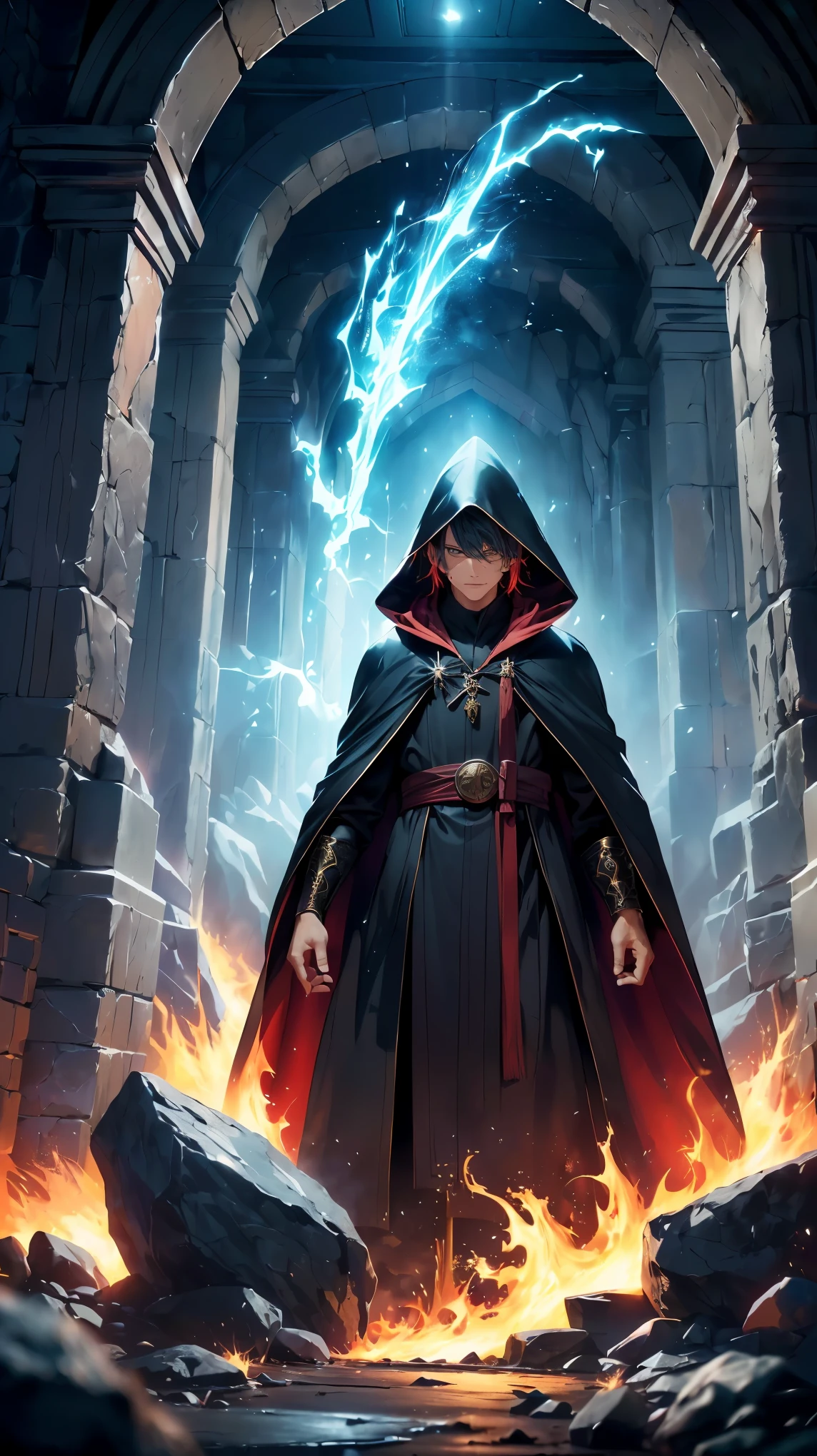 (8k, RAW photo, 最high quality, masterpiece:1.2), High-definition RAW color photo, Professional photo shoot, cinematic light, RPG design, dark fantasy graphics, Humanoid monsters, arch mage, ((full body shot)), alone, (Man in a robe), magic robe and wand, face is hidden by the hood, ((black robe:1.2, wave a magic wand:1.2, Activate magic, magic light, powerful pillar of fire, Laharit, magic range attack, wizard)), level 7 magician, fantasy art, ((Underground dungeon background, stone dungeon)), dim lighting, film grain, background bokeh, high quality, surreal, ((very detailed, photo shoot)),