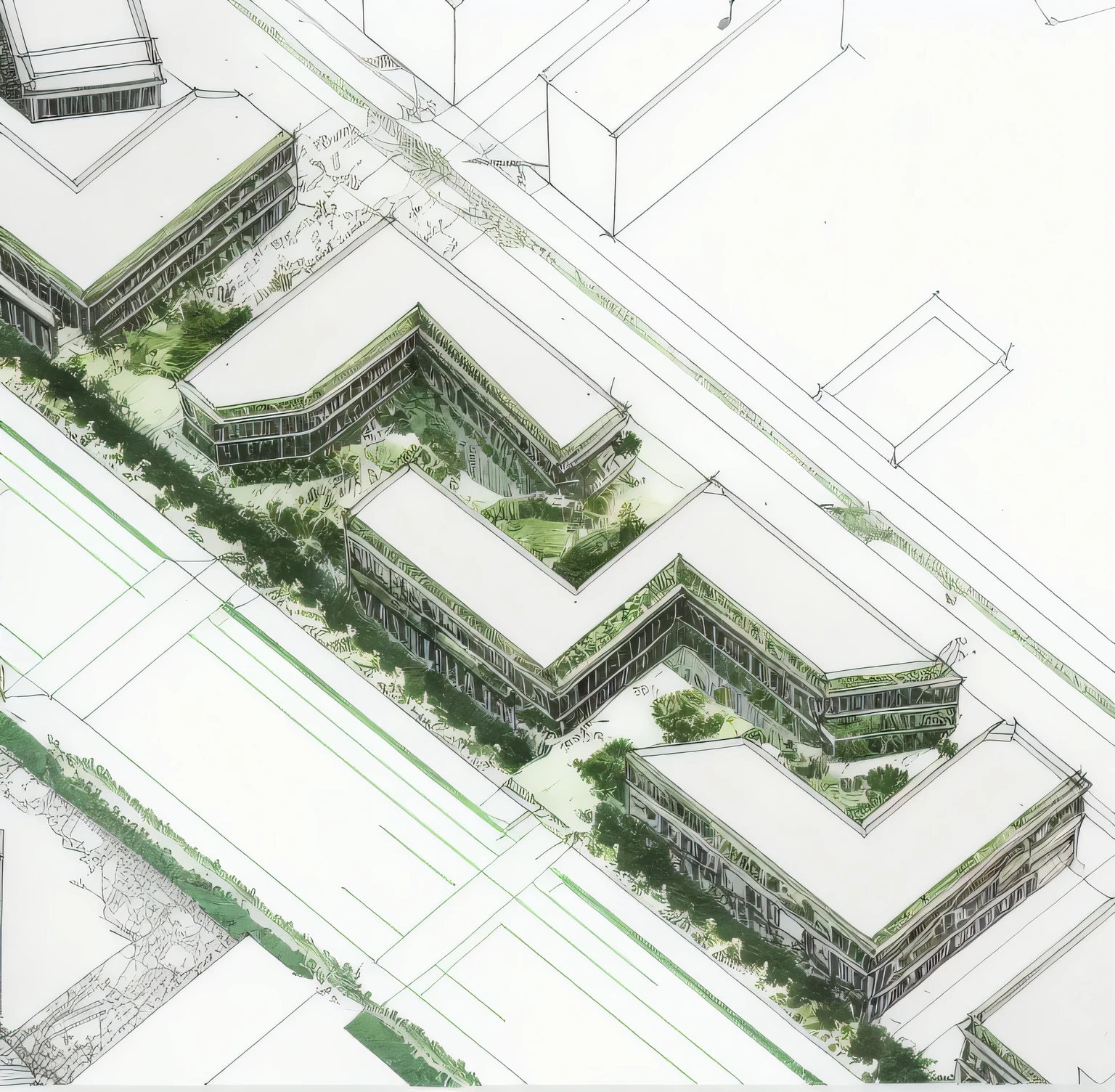 a close-up of a drawing of a building with many trees, isometric perspective view, 2d axonometry aerial view, More detailed illustration, Isometric view, detailed digital illustration, hq muito detalhado, axonometria, hyperdetailed illustration, complexo e detalhado, extremely high level of detail, architectural illustration, architectural rendering, highly detailed illustration, detailed rendering
