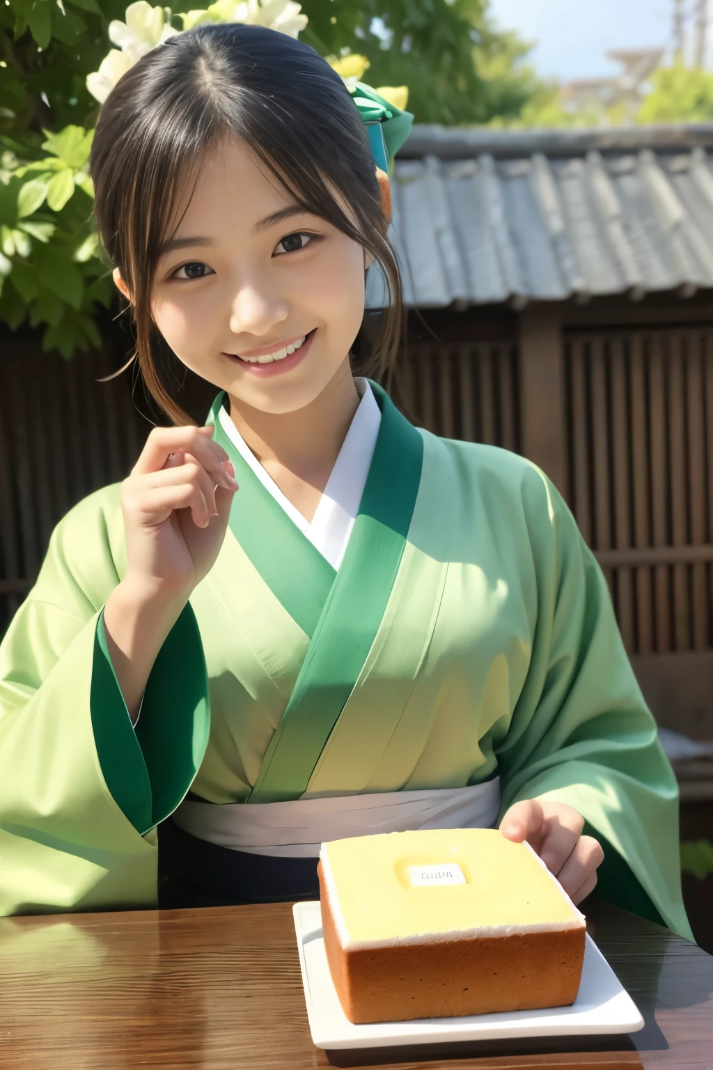 green kimono、20 year old girl、square pound cake、front, smile