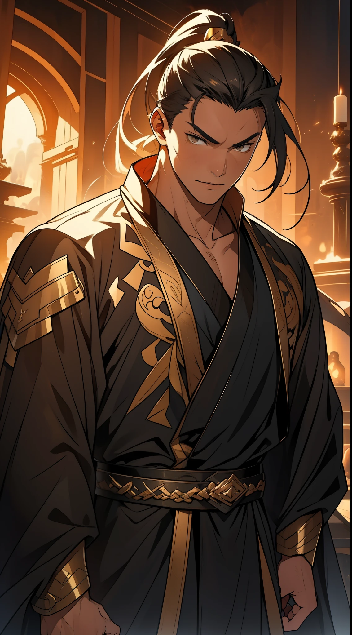one person(male warrior),proportions are correct,facial details,swordsman,high ponytail hairstyle,neck detail,Have an Adam's apple,Black and gold robe,joke,Black and gold robe,clothing details,Hand over,long sleeves,Game quality,fencing,Ray tracing,Ray tracing,Detailed glow,CG rendering,hair details,Long black and blond hair,Black-gold eyes,Handsome,Handsome,(Youthful feeling),Costumes are complicated,Perfect composition,refine,high quality,higher details,many details,Complex background,a sense of atmosphere,