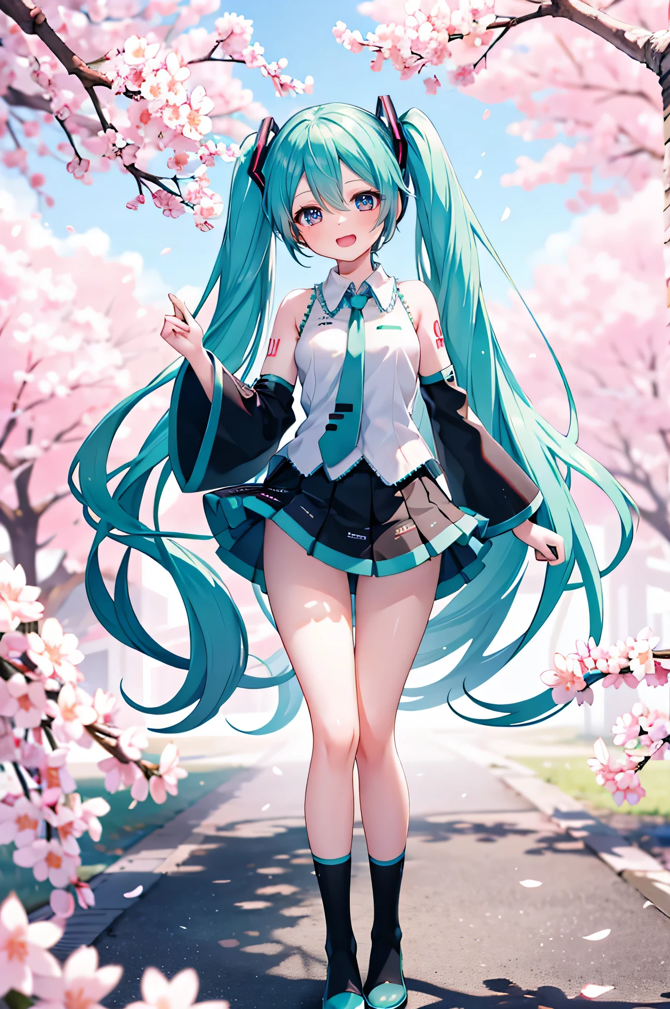 hatsune miku Show from head to thigh cheeks are red Natural Laughing Face cute face small breasts small ass good style Near the cherry blossoms Cherry blossom petals are dancing My butt is hidden by the skirt