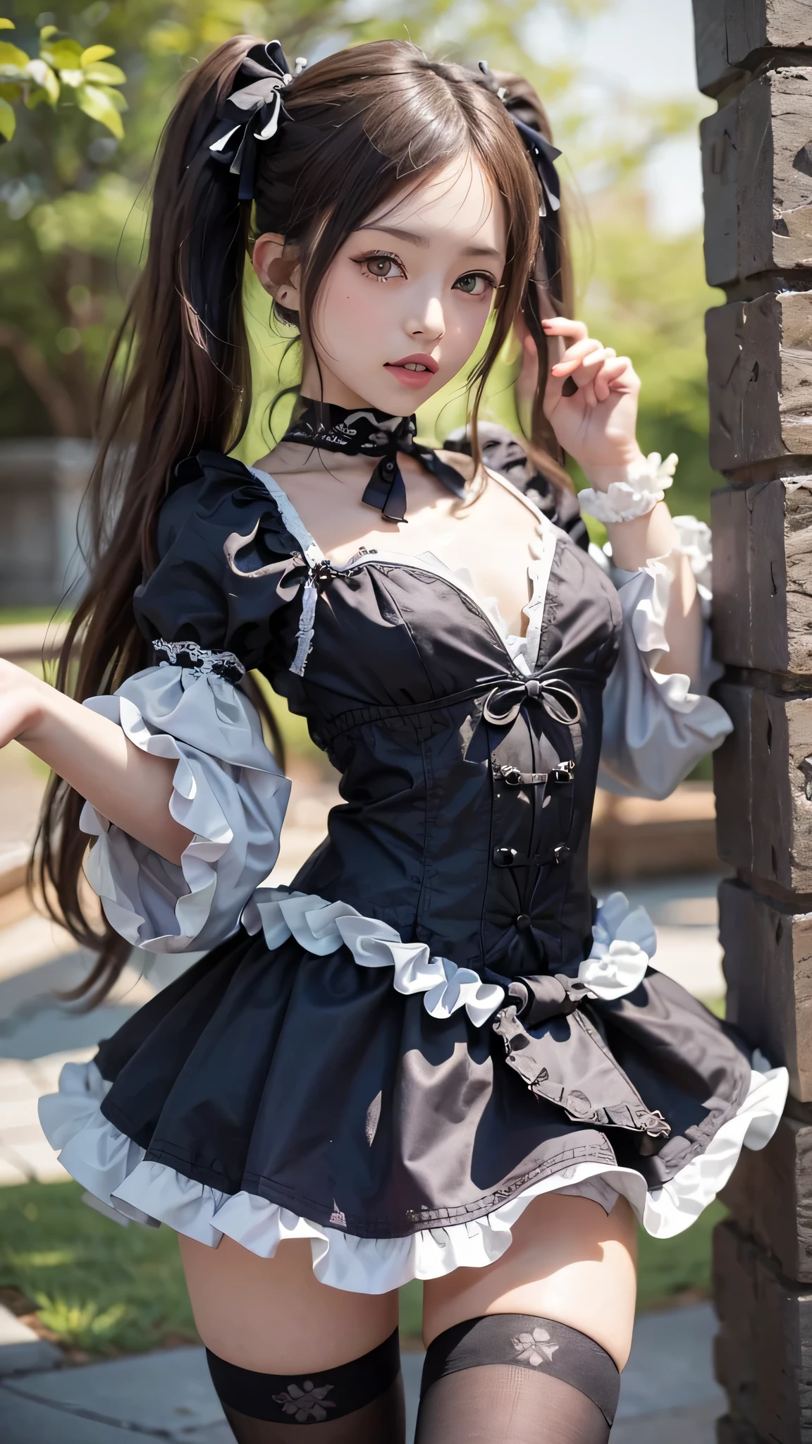 (close:1.4)、(RAW shooting:1.2)、(realistic:1.4)、(masterpiece:1.3)、(highest quality:1.4)、alone、7 head and body、(slender and beautiful girl)、cute、(Medium chest:1.2)、(cleavage)、(erect nipples:1.2)、(full body shot)、8k、(pieces fly:1.2)、(ribbon、flare skirt、knee high socks:1.3)、view audience、blush、ribbonボンデージ、(beautiful thighs)、(twin tails:1.2)、(Gothic ta:1.3)、(sexy pose:1.2)、obscene、erotic、cute系、ancient capital、(perfect anatomy:1.2)、