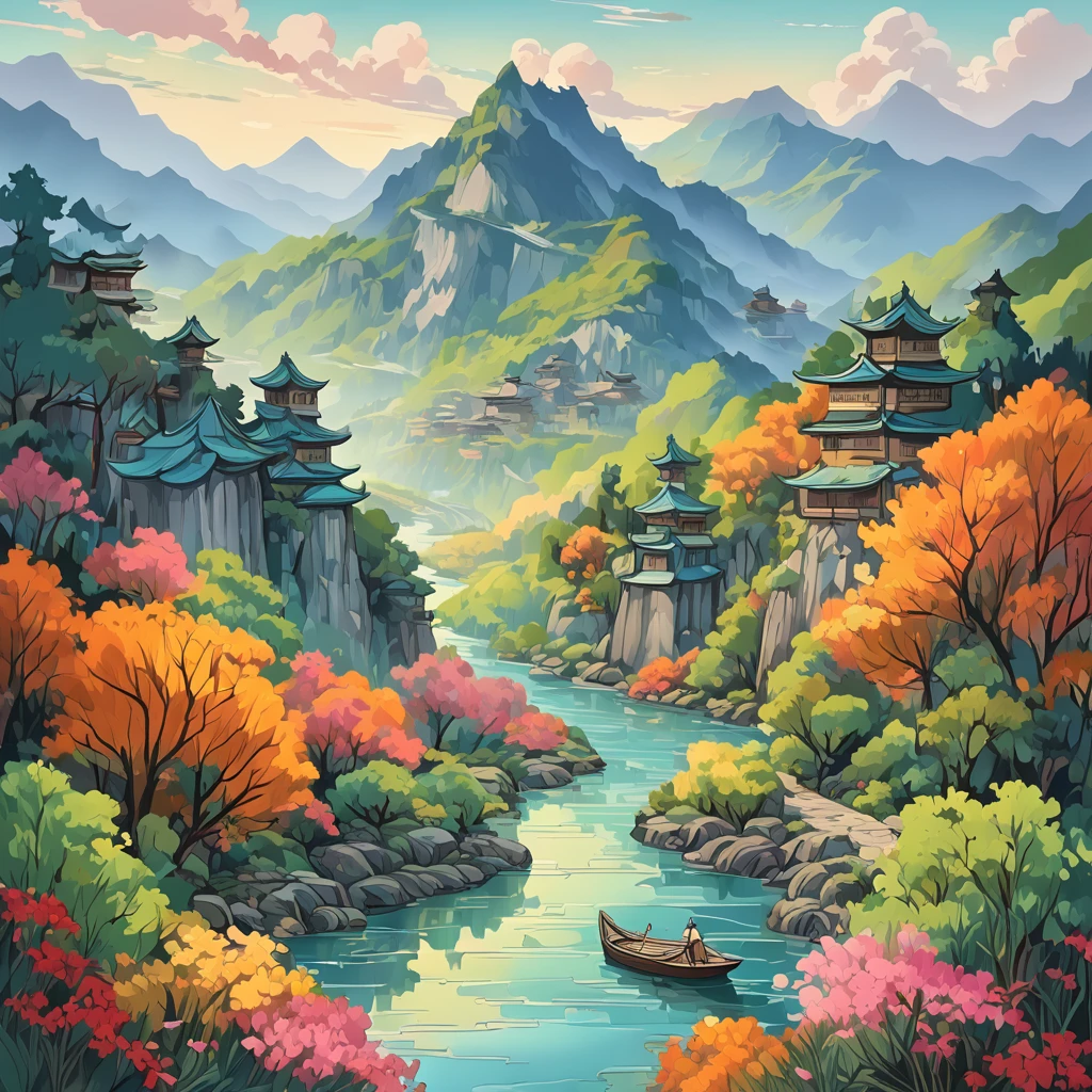 (aesthetic,extremely detailed,Wu-Guanzhong)oil painting of a serene landscape with vibrant colors,his signature brushstrokes, and meticulous attention to detail. The painting showcases a picturesque scenery, featuring majestic mountains, winding rivers, and lush vegetation. The composition is balanced and harmonious, with a serene atmosphere that evokes a sense of tranquility and contemplation. The color palette is vibrant and expressive, with bold brushwork capturing the essence of nature's beauty. The lighting in the painting is soft and diffused, casting gentle shadows and creating a sense of depth and dimension. The artist's unique style is evident in every brushstroke, creating a mesmerizing work of art that celebrates the beauty of the natural world. The painting is of the highest quality, with ultra-detailed elements that showcase the artist's masterful technique. The texture of the artwork is rich and tactile, inviting viewers to immerse themselves in its beauty. Wu Guanzhong's aesthetic vision and dedication to capturing the essence of the landscapes make this oil painting a true masterpiece.