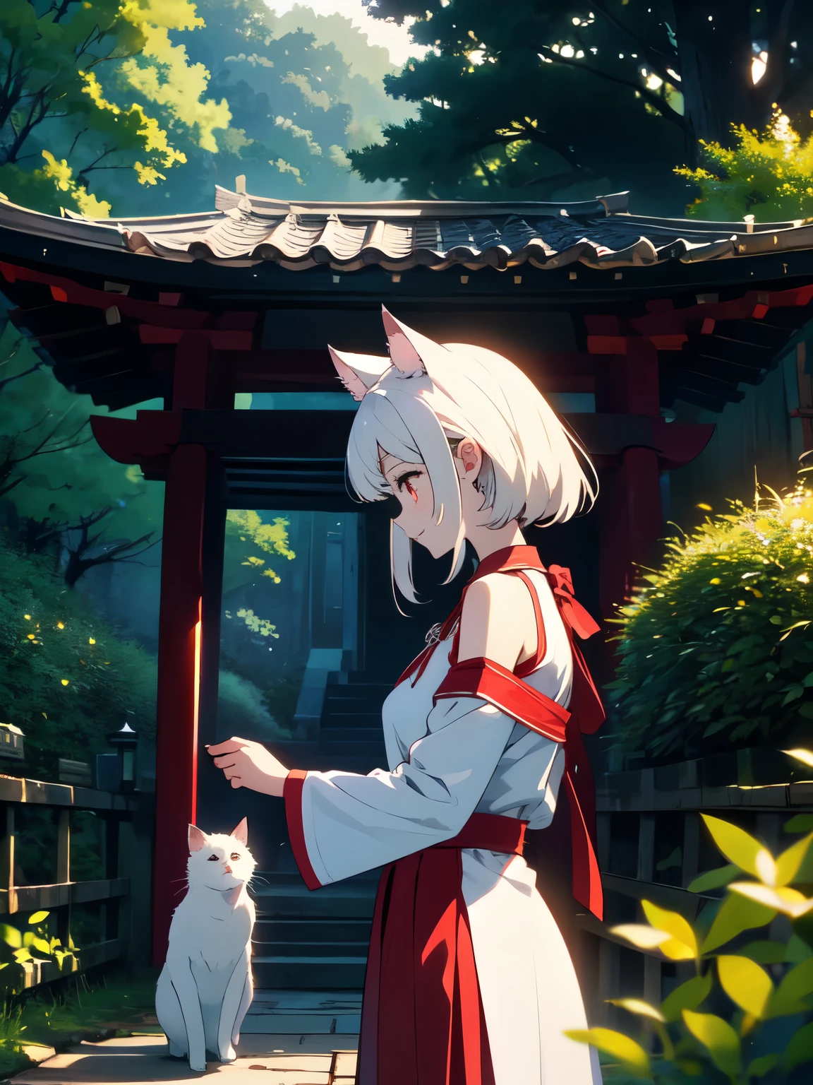 (masterpiece, highest quality,High resolution、detailed beautiful face) ,(Shining eyes、smile),(profile),(1 girl、short and 、small shoulder width),(white cat ears) ,(long white hair),(red cheongsam),(dark red eyes),(whole body), perfect eyes, perfect face,, cowboy shot,beautiful anime、Deep in the secluded forest、Shrine precincts、beautiful nature background