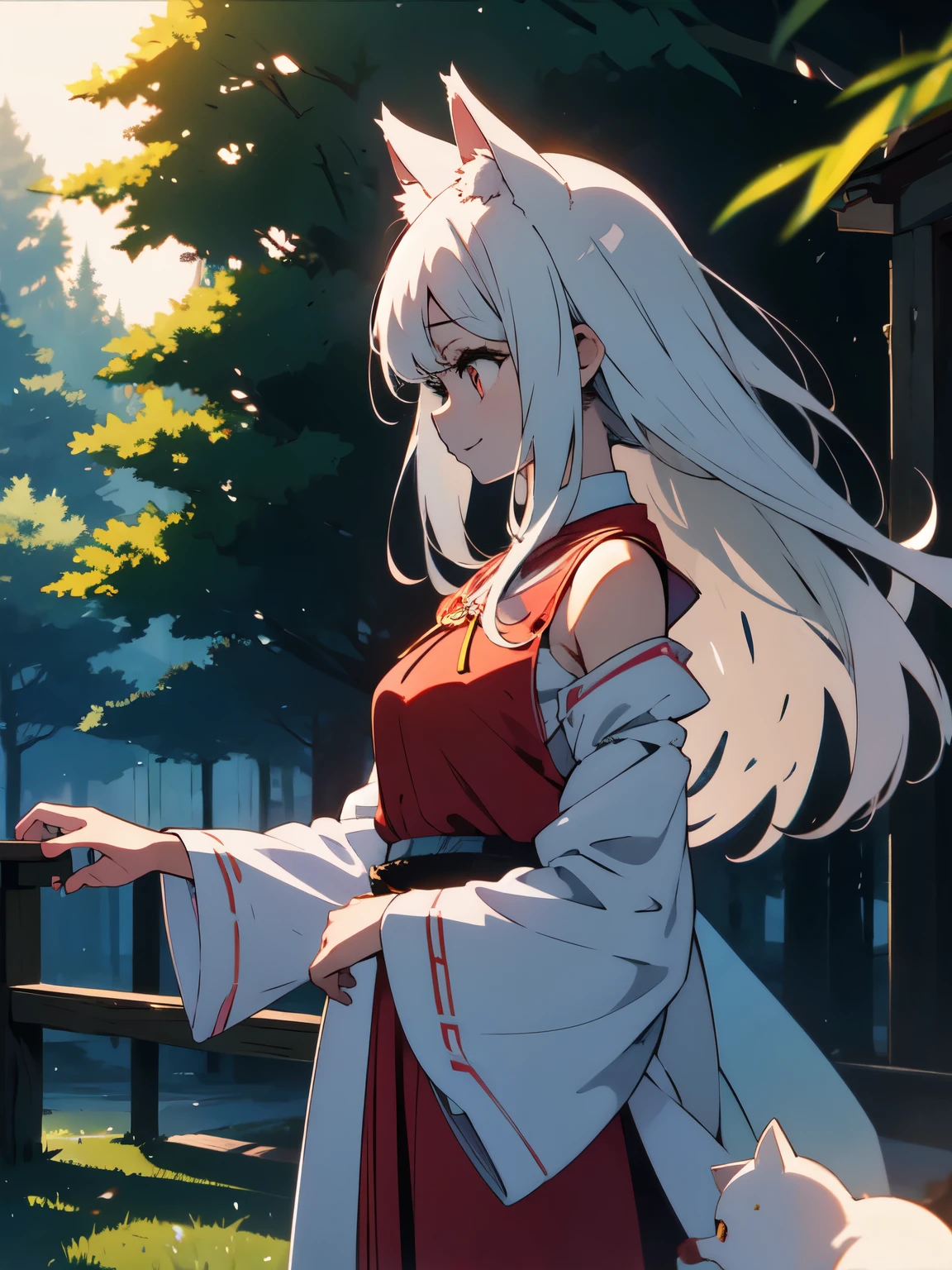 (masterpiece, highest quality,High resolution、detailed beautiful face) ,(Shining eyes、smile),(profile),(1 girl、short and 、small shoulder width),(white cat ears) ,(long white hair),(red cheongsam),(dark red eyes),(whole body), perfect eyes, perfect face,, cowboy shot,beautiful anime、Deep in the secluded forest、Shrine precincts、beautiful nature background