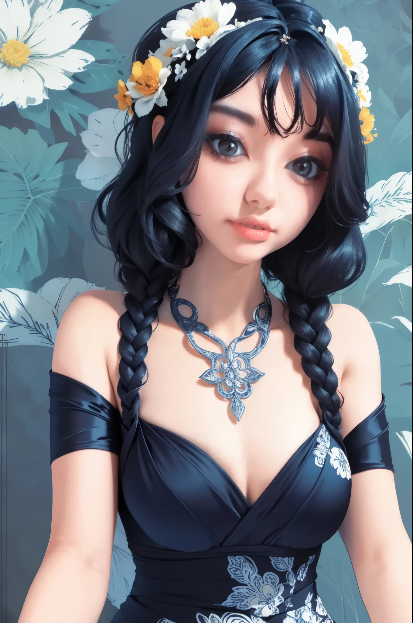 a woman in a black and white floral print swimsuit, a digital rendering inspired by Aurél Bernáth, trending on cg society, art nouveau, intricate fantasy dress, tube-top dress, an intricate dress, detached sleeves, elegant tropical prints, intricate details. front on, floral art nouveau dress, graphic print, floral art novuea dress