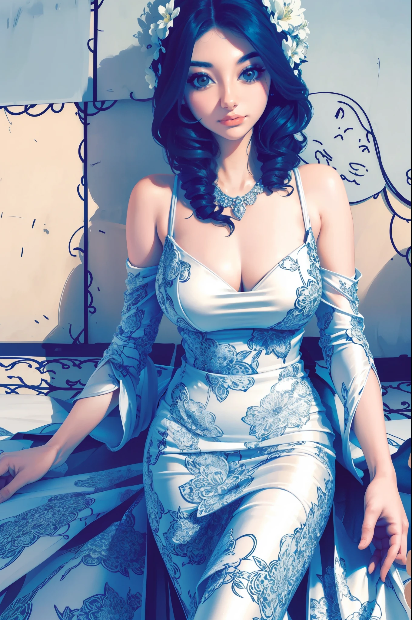 a woman in a black and white floral print swimsuit, a digital rendering inspired by Aurél Bernáth, trending on cg society, art nouveau, intricate fantasy dress, tube-top dress, an intricate dress, detached sleeves, elegant tropical prints, intricate details. front on, floral art nouveau dress, graphic print, floral art novuea dress