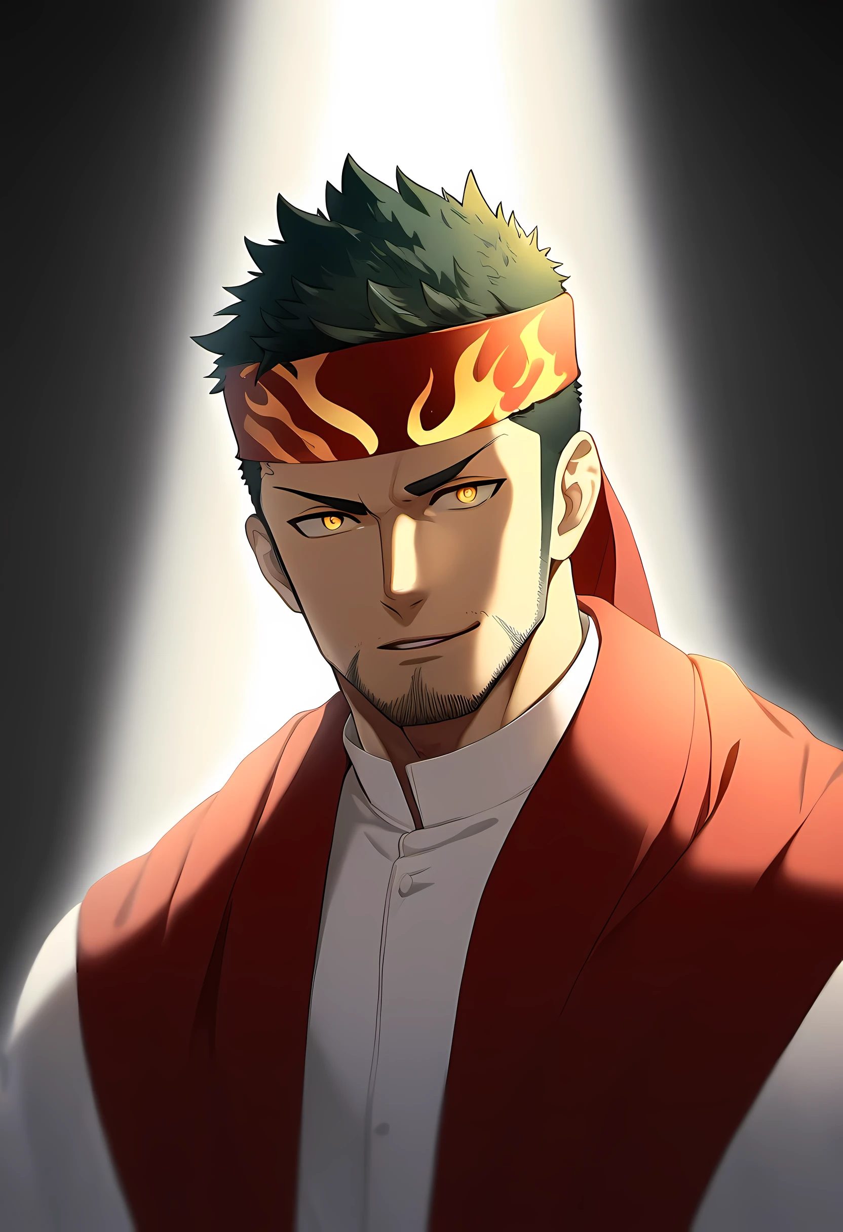 anime characters:Guy, Priapus, 1 muscular man god, Flame tattoo, Sport red headband, Priest'robe, muscular male, muscular, only, Upper body, alone, short black hair, thick eyebrows, stubble, yellow eyes, White background, simple background, amazing quality, best aesthetics, Ridiculous, bright pupils, short hair, naughty face, torogao, open lips, divine light, chiaroscuro, shadow, best quality