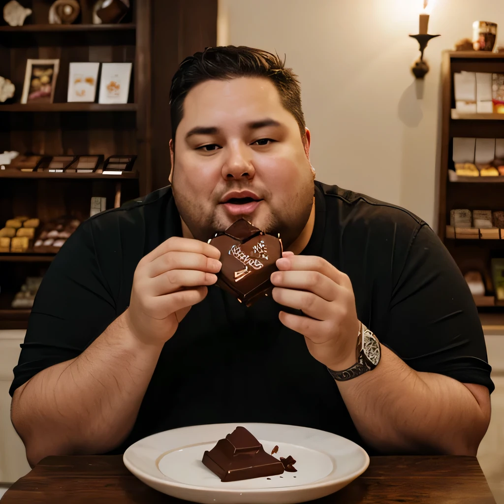 fat man eating lots of chocolate