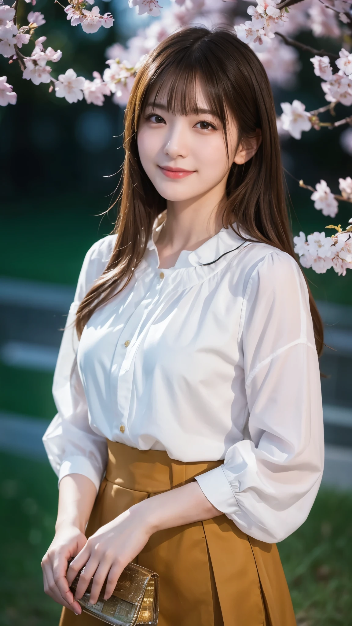 (highest quality,masterpiece:1.3,ultra high resolution),(Super detailed,caustics,8k),(photorealistic:1.4,RAW shooting),1 girl,Are standing,(smile),stare at the camera,20-year-old,cute,Japanese,natural brown middle hair,(white blouse),lime green flared skirt,glamorous,(big ),darkness,night sky,Illuminated night cherry blossoms,professional writing,(shot from the waist up),(Tilt composition:1.1),(low position:1.1),(Low - Angle:1.1)