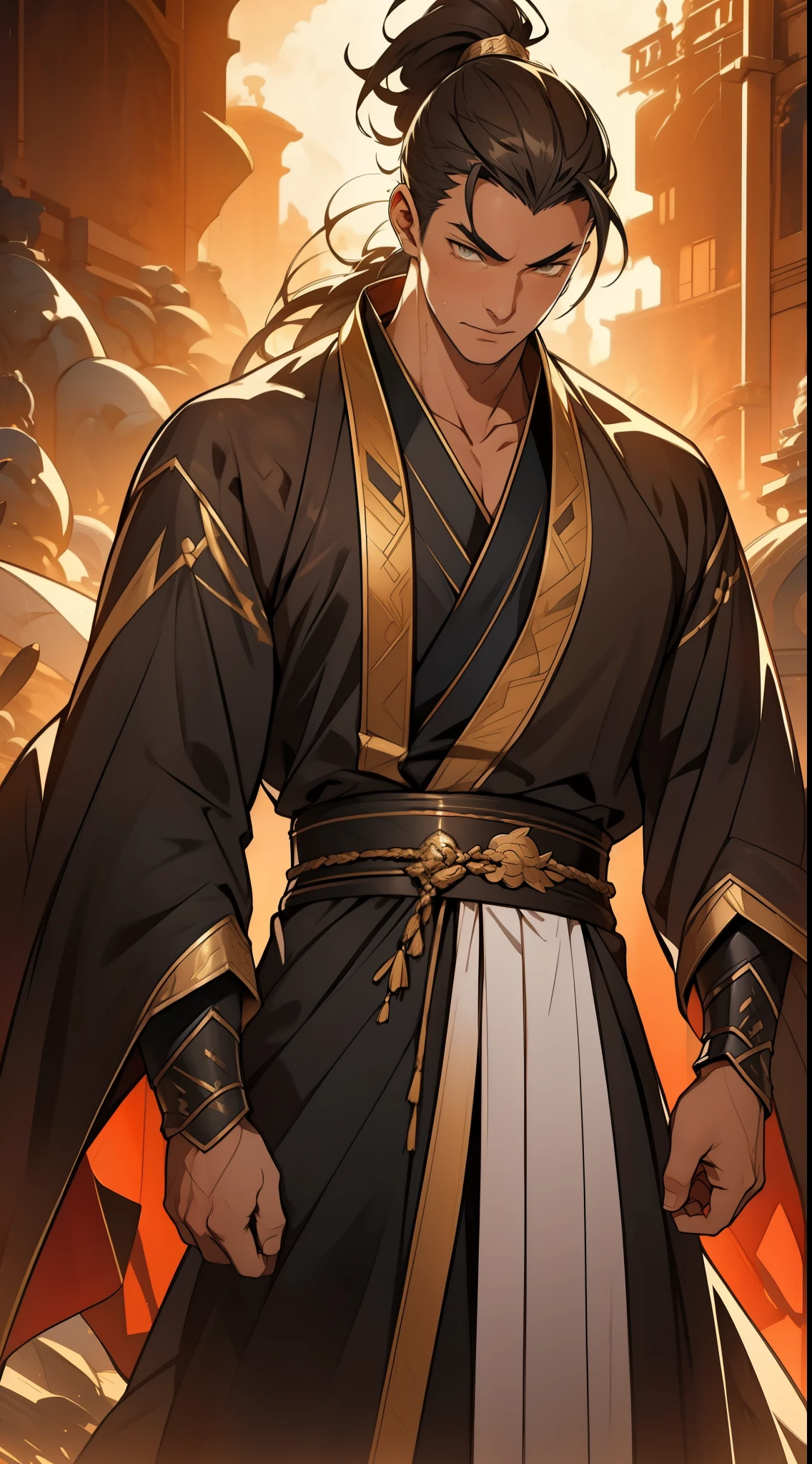 one person(male warrior),proportions are correct,facial details,swordsman,high ponytail hairstyle,neck detail,Have an Adam's apple,Black and gold robe,joke,Black and gold robe,clothing details,Hand over,long sleeves,Game quality,fencing,Ray tracing,Ray tracing,Detailed glow,CG rendering,hair details,Long black and blond hair,Black-gold eyes,Handsome,Handsome,(Youthful feeling),Costumes are complicated,Perfect composition,refine,high quality,higher details,many details,Complex background,a sense of atmosphere,