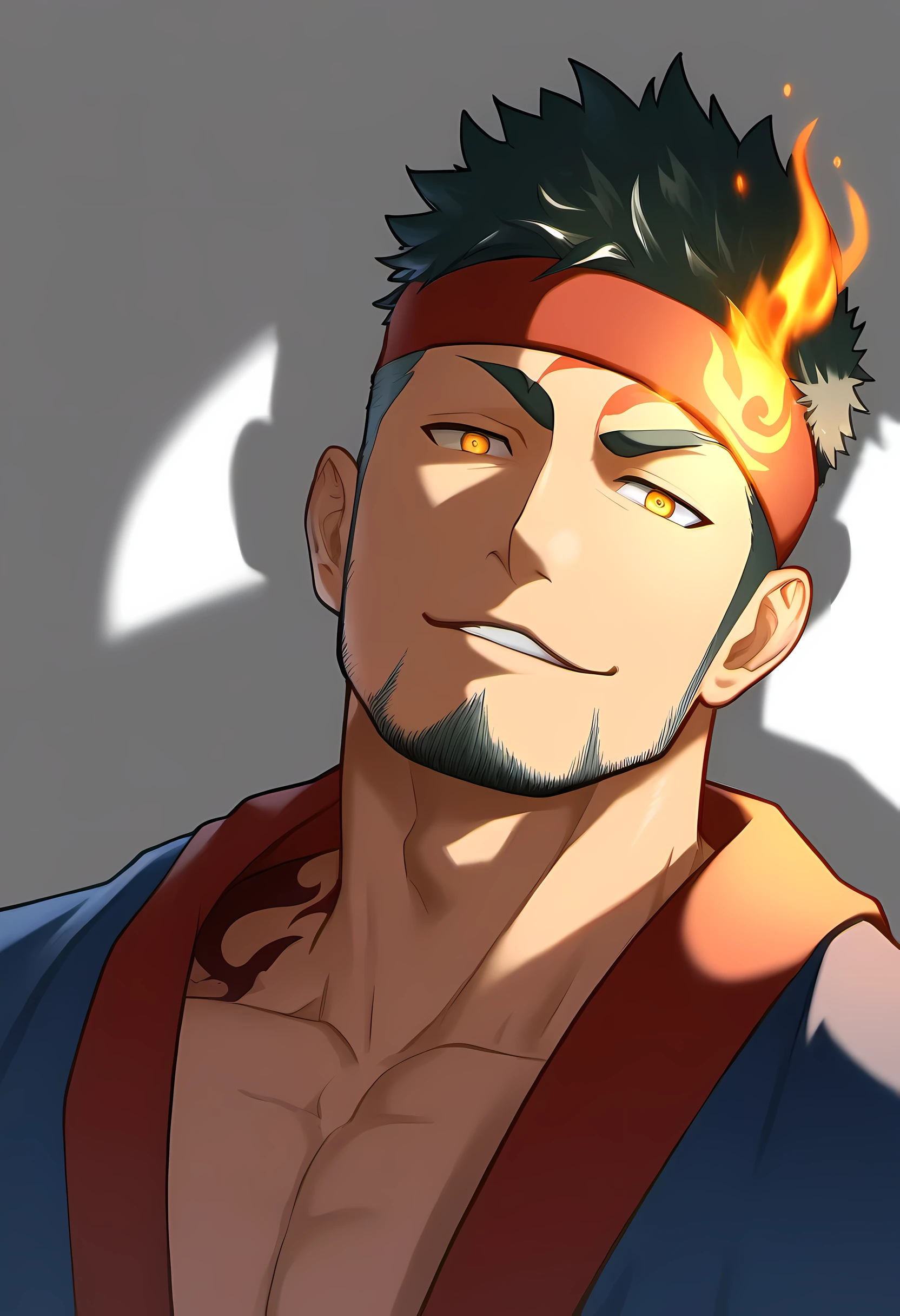 anime characters:Guy, Priapus, 1 muscular man god, Flame tattoo, Sport red headband, Priestly robes, muscular male, muscular, only, Upper body, alone, short black hair, thick eyebrows, stubble, yellow eyes, White background, simple background, amazing quality, best aesthetics, Ridiculous, bright pupils, short hair, naughty face, torogao, open lips, divine light, chiaroscuro, shadow, best quality