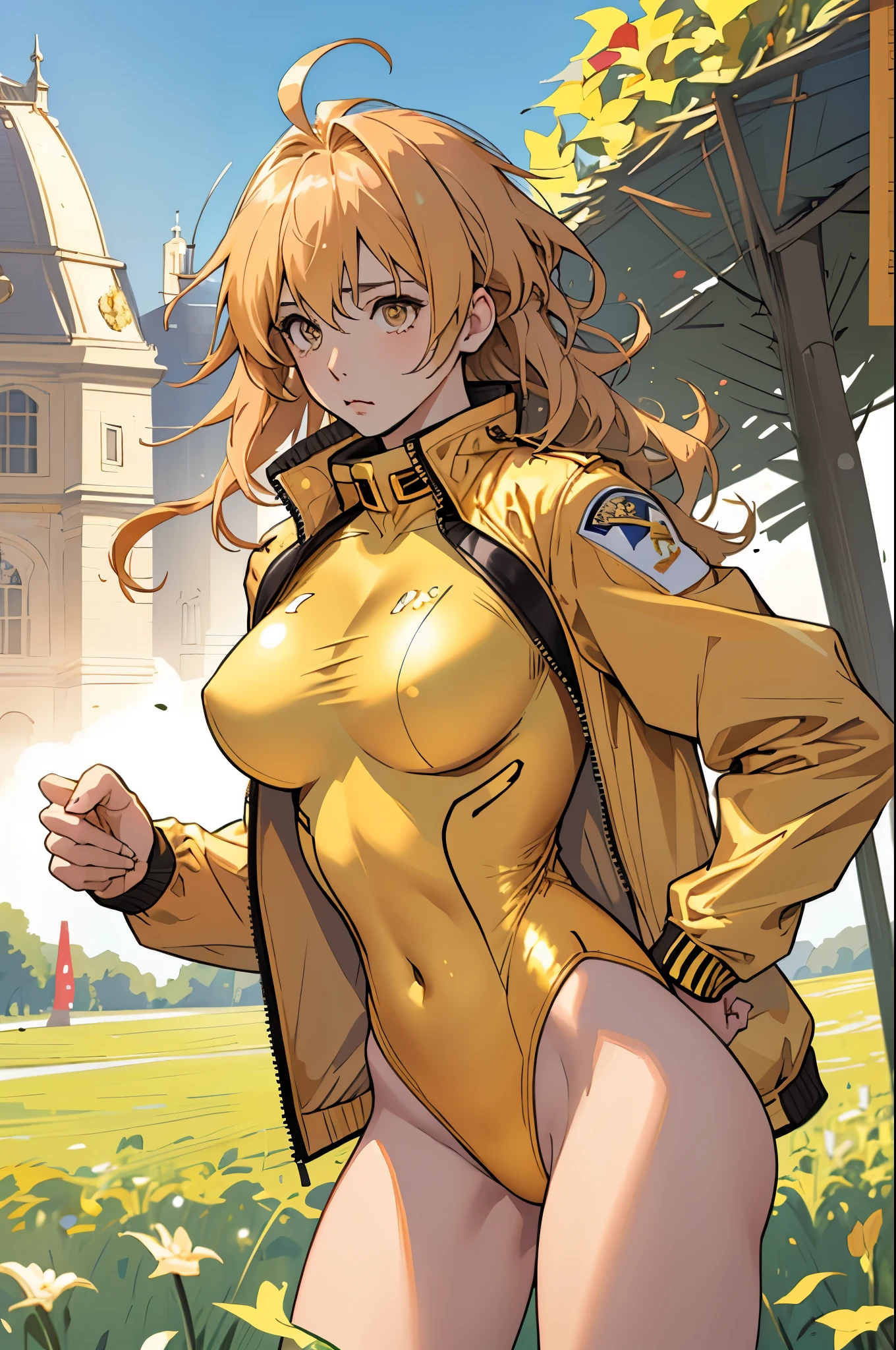 masterpiece, highest quality, High resolution, 1 girl, ticker, Ahoge, big breasts, race_Queen, golden leotard, Jacket, embarrassing,closed mouth, field,